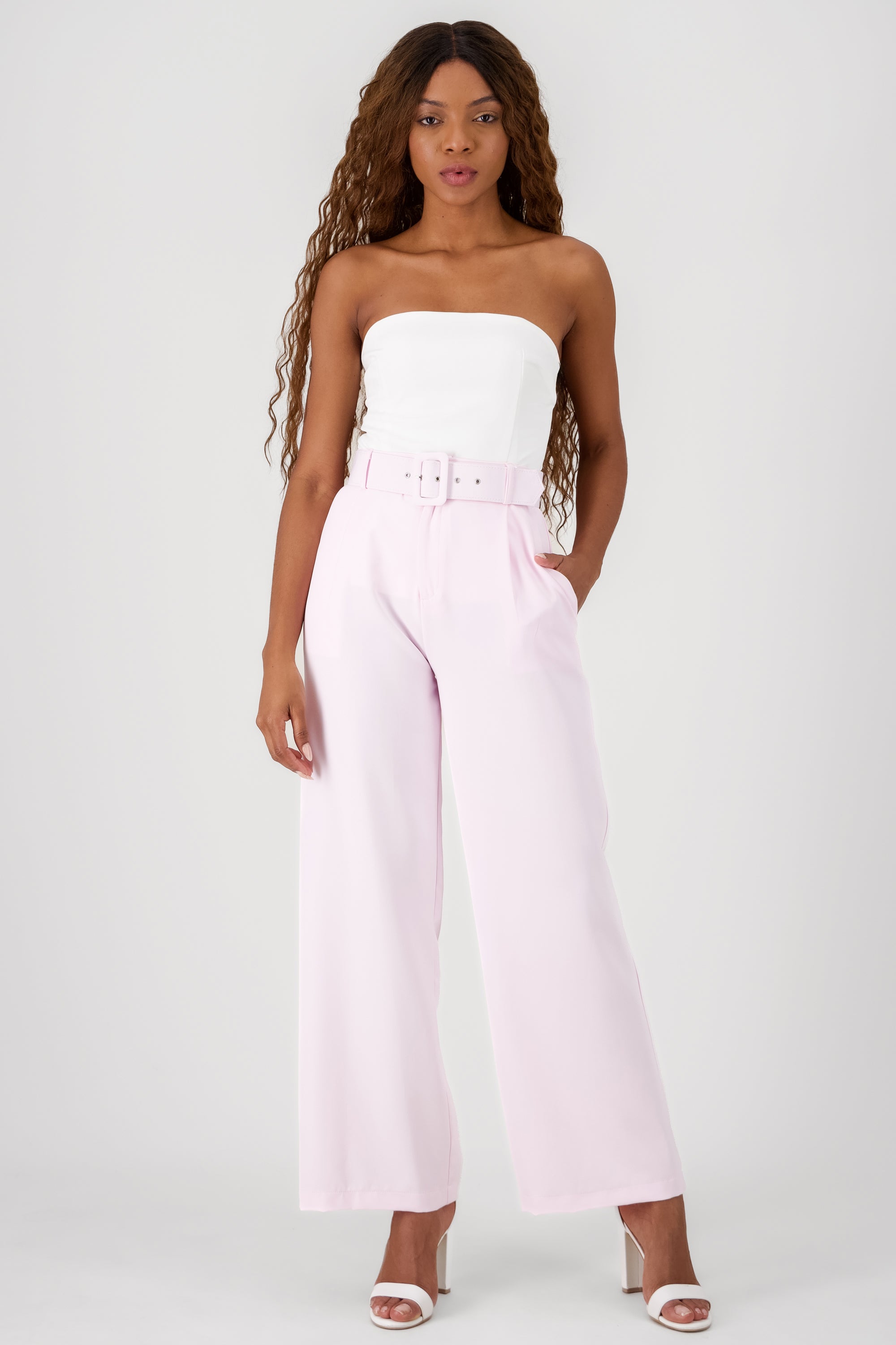 Basic Wide Leg Dress Pants With Belt PASTEL PINK