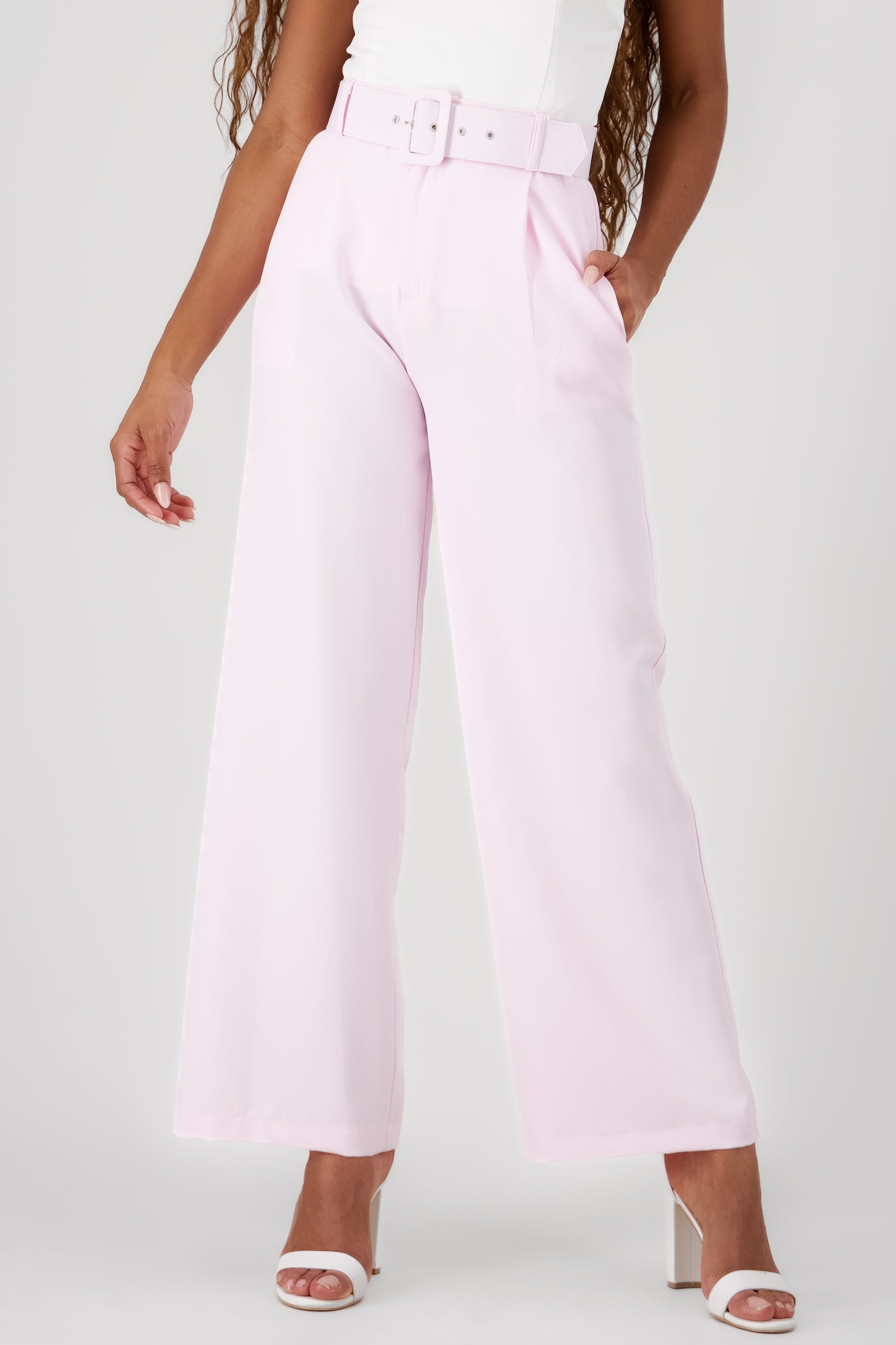 Basic Wide Leg Dress Pants With Belt PASTEL PINK