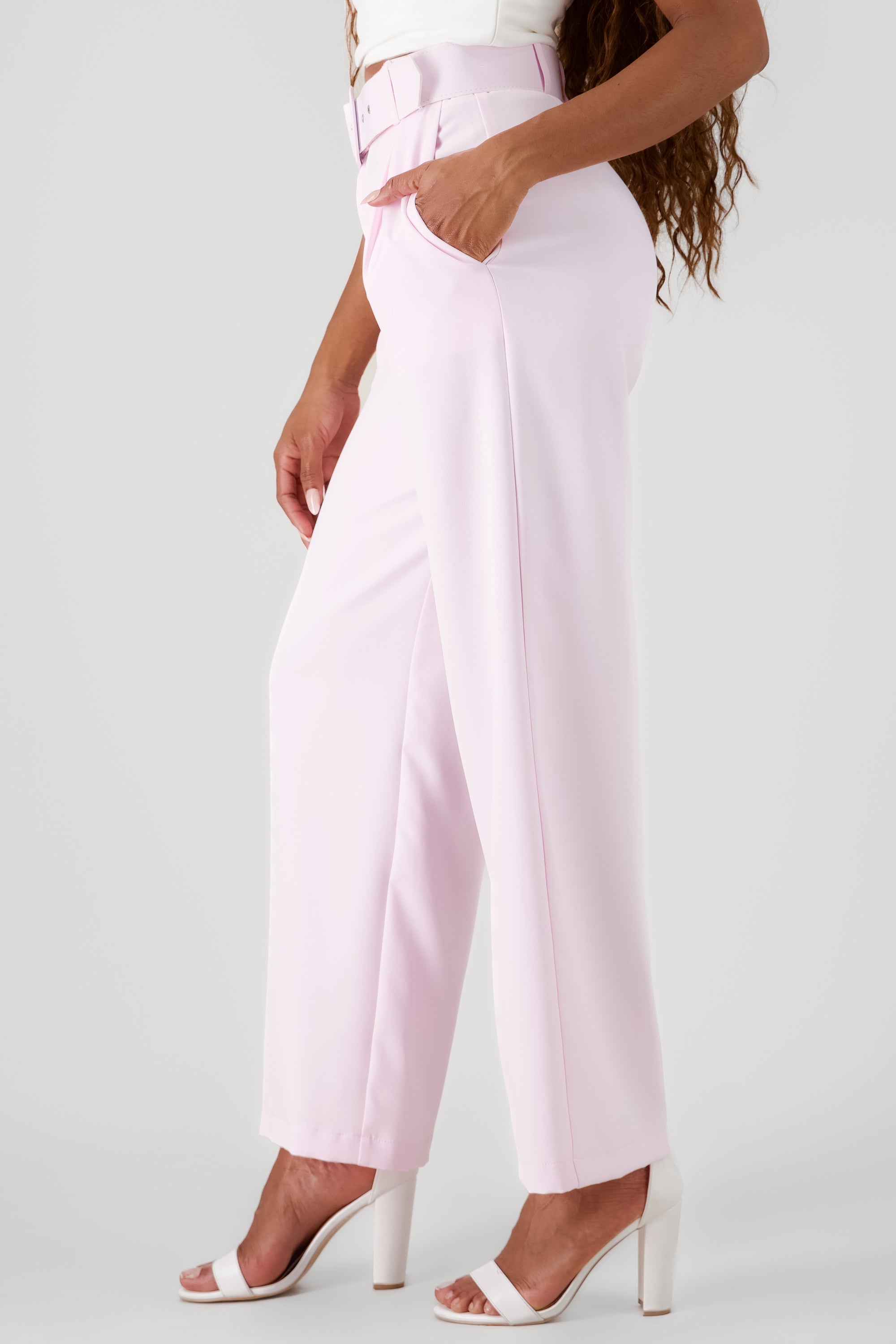 Basic Wide Leg Dress Pants With Belt PASTEL PINK