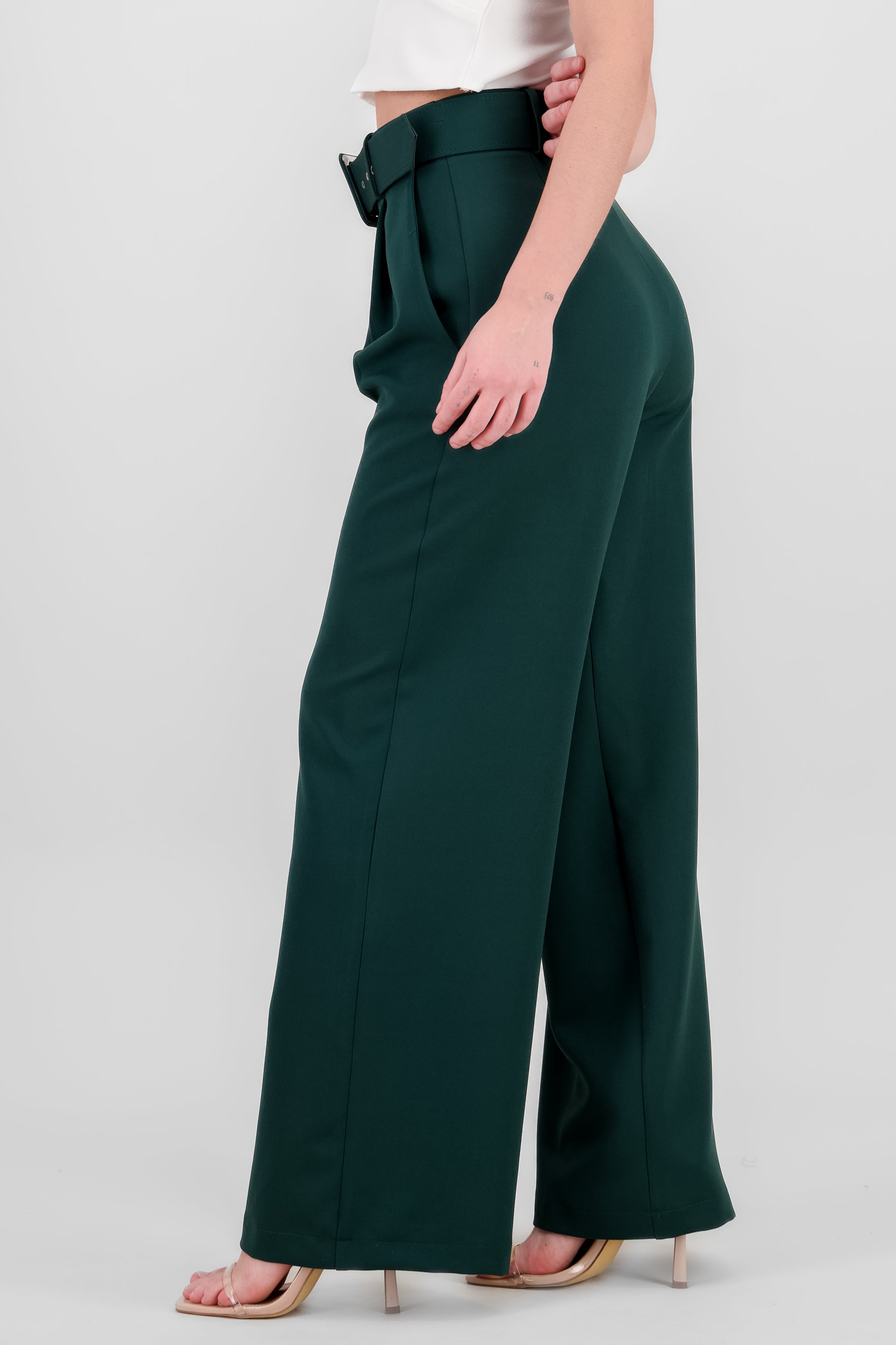 Basic Wide Leg Dress Pants With Belt HUNTER GREEN