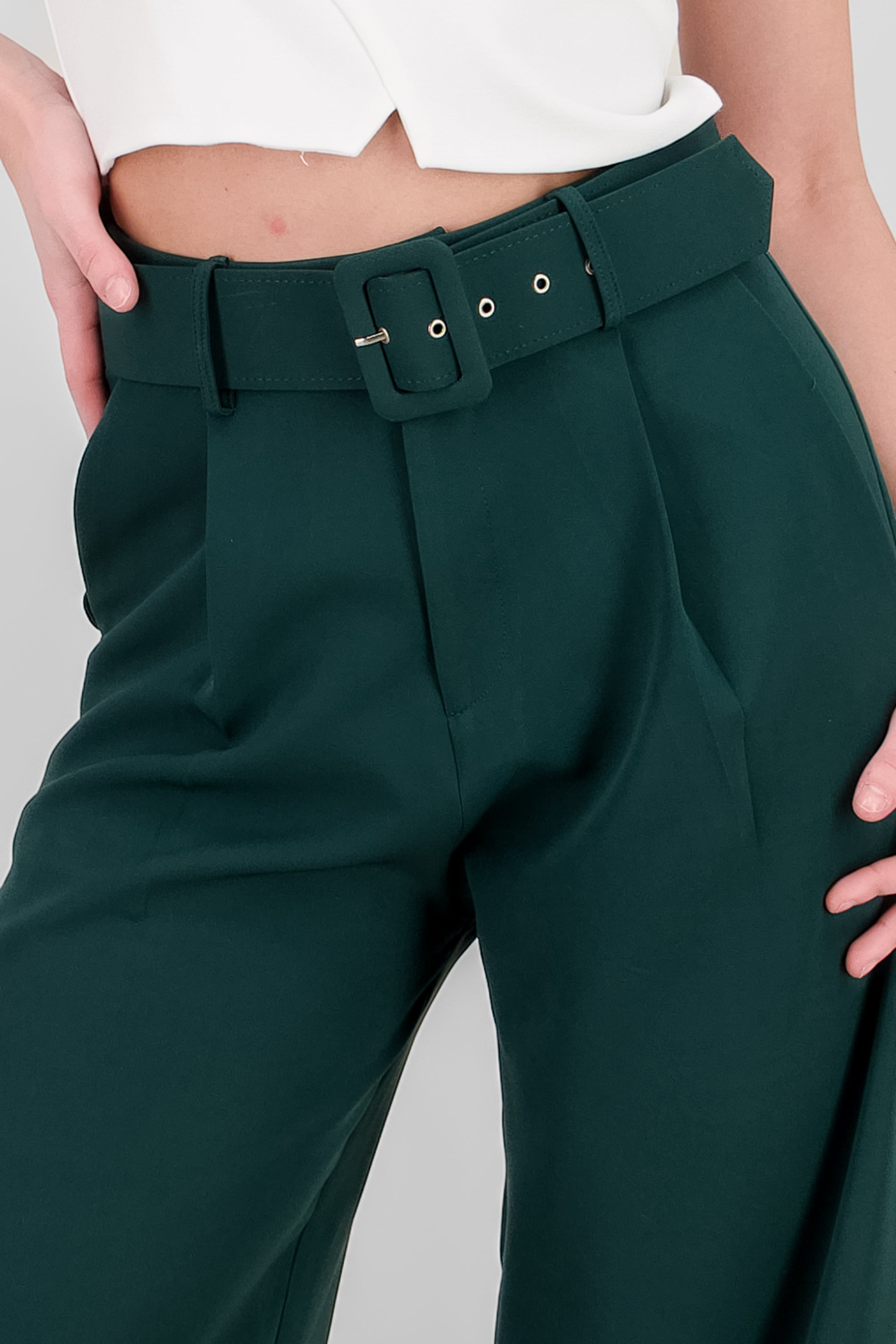 Basic Wide Leg Dress Pants With Belt HUNTER GREEN