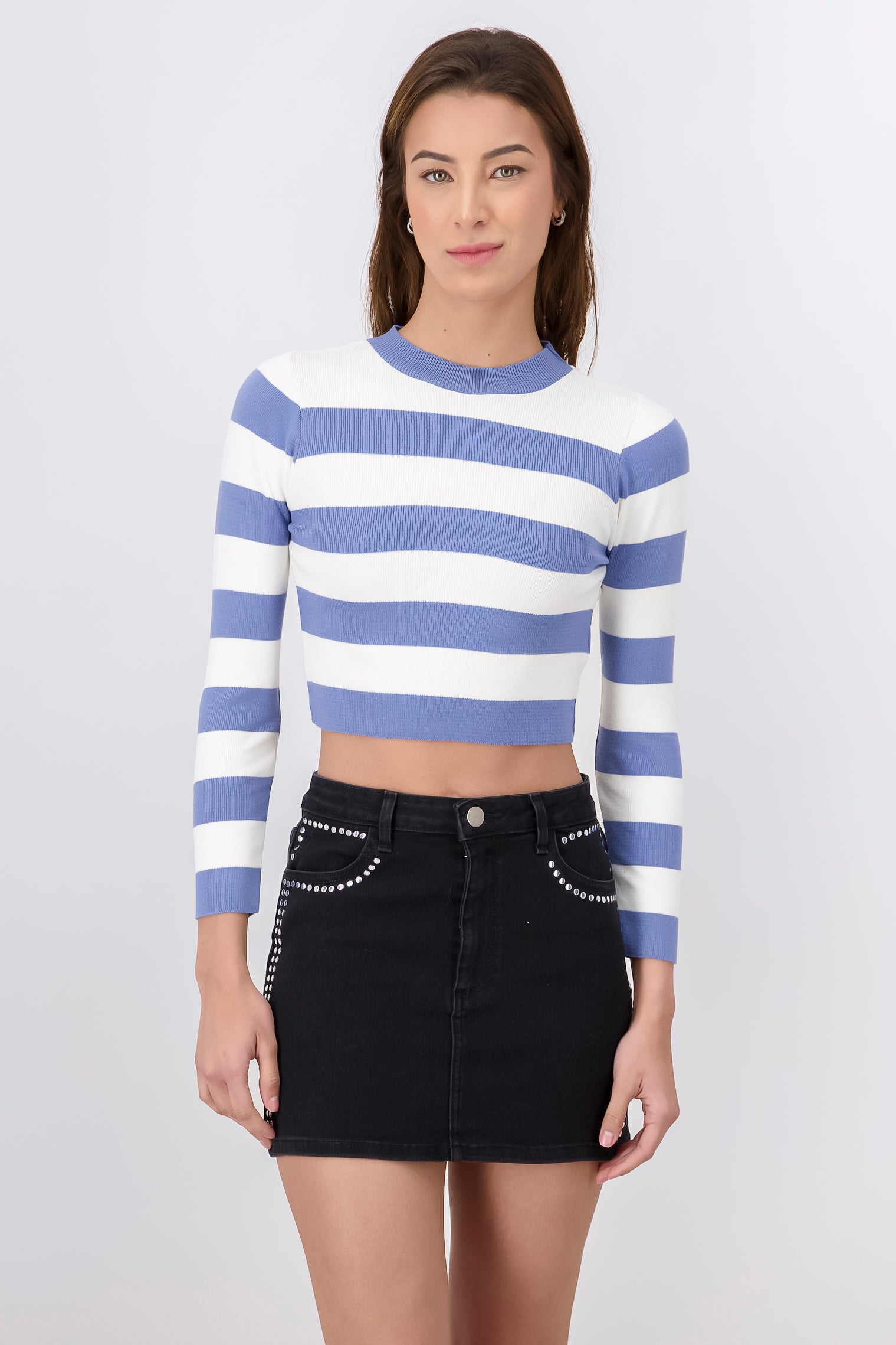 Large Striped Long Sleeve Crop Top BLUE COMBO