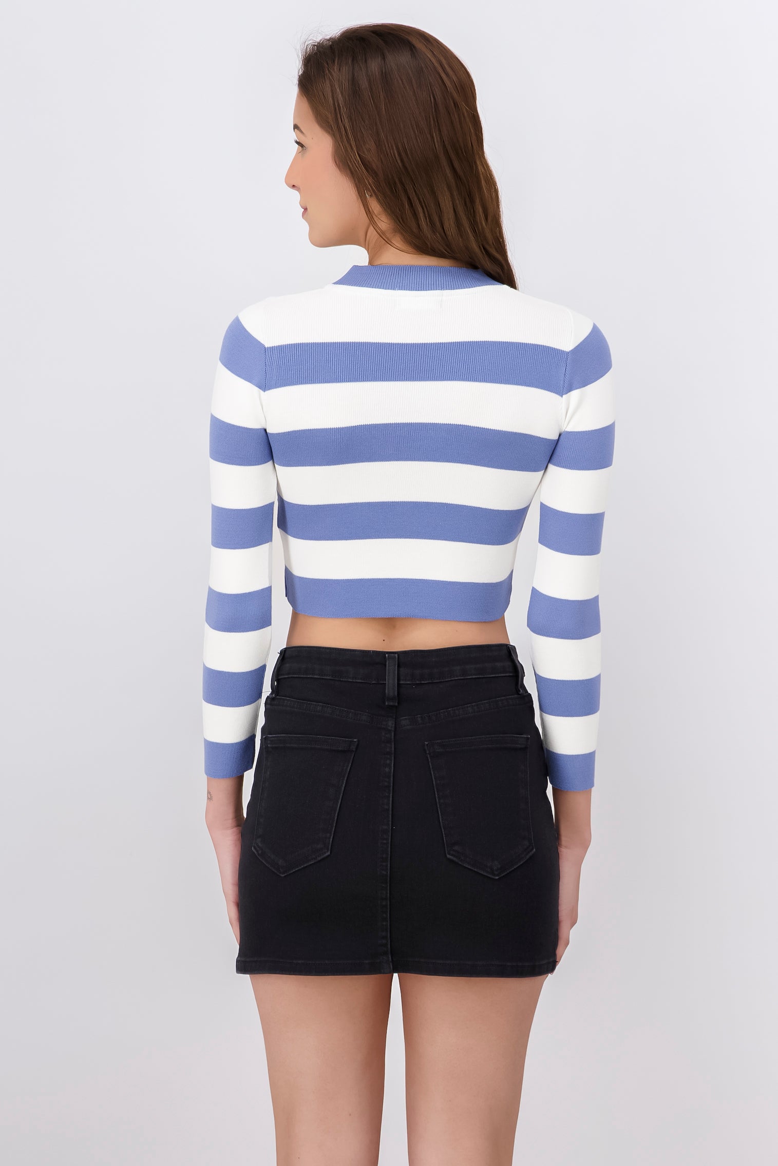 Large Striped Long Sleeve Crop Top BLUE COMBO