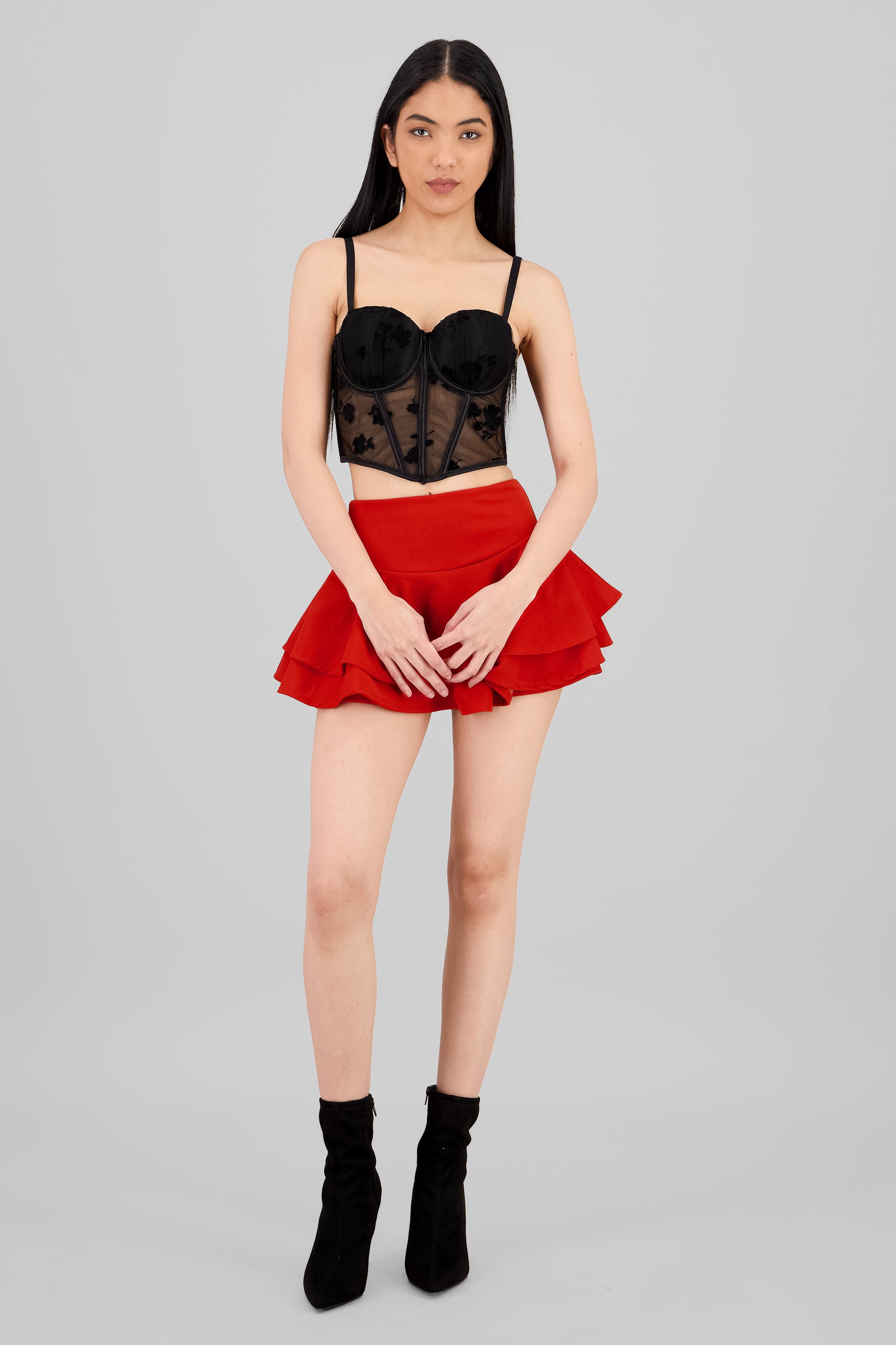 Ruffled Satin Mini Skrt BURNT RED