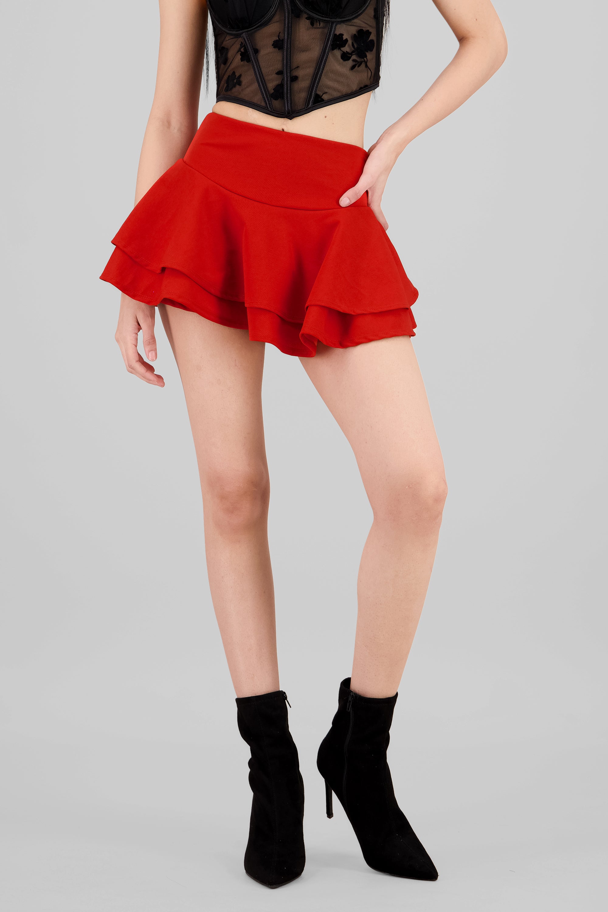 Ruffled Satin Mini Skrt BURNT RED