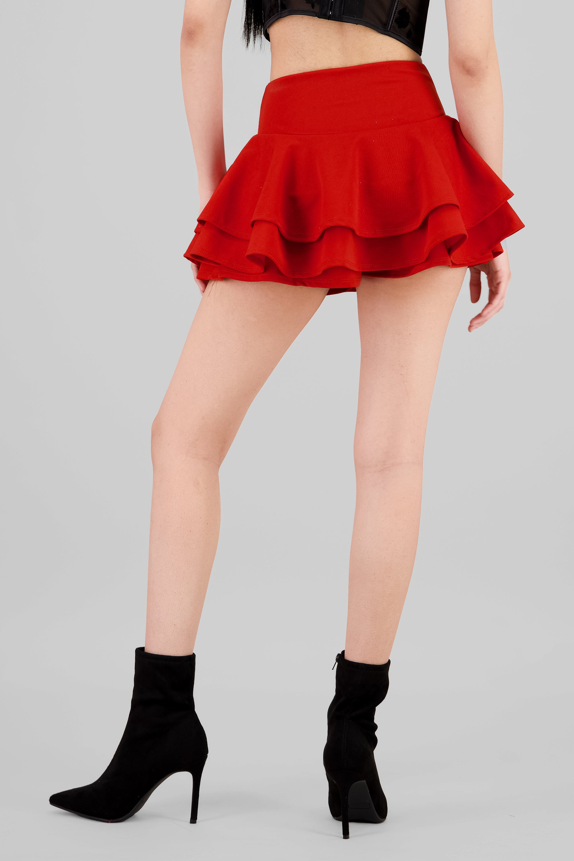 Ruffled Satin Mini Skrt BURNT RED