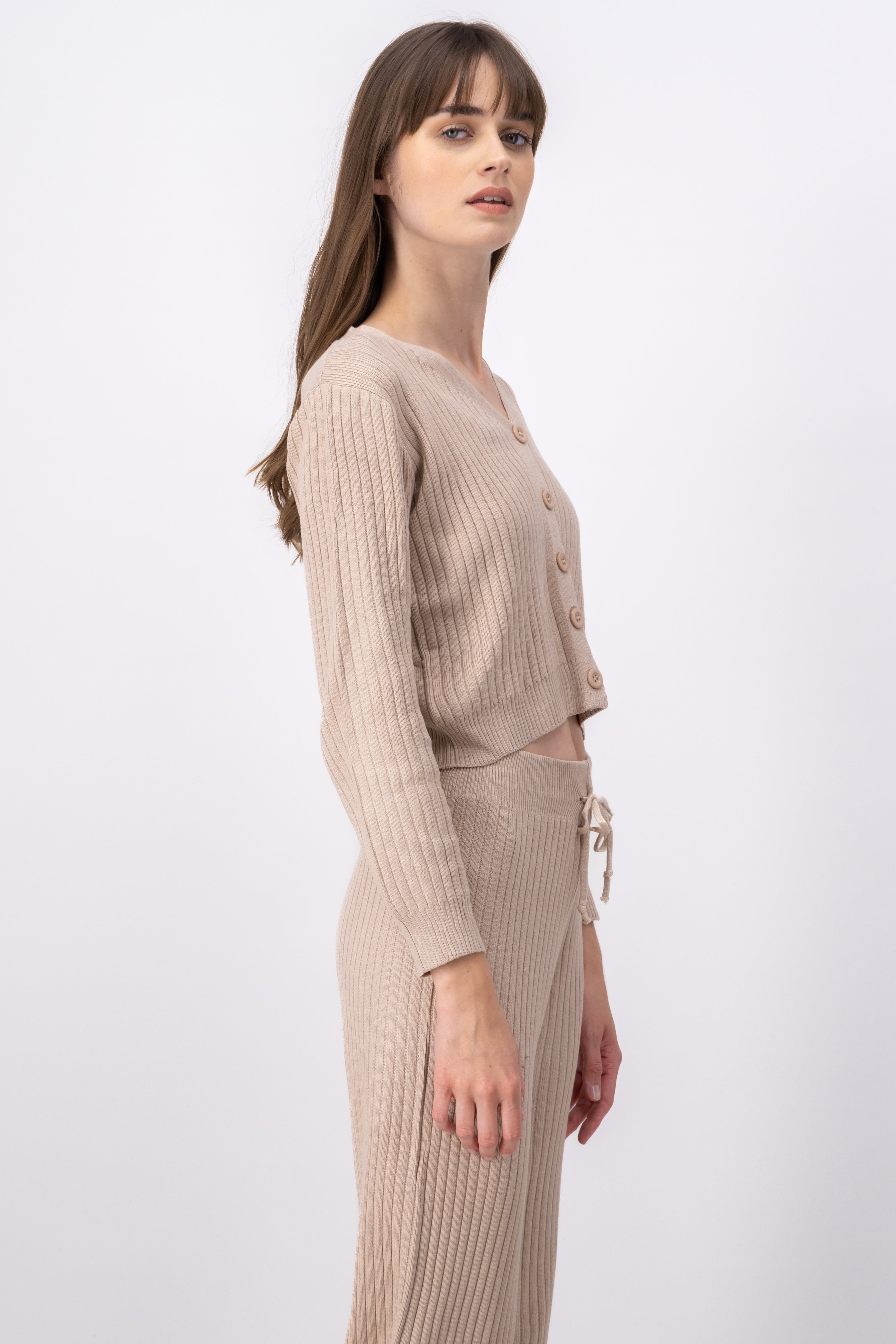 Ribbed Knit OpenButton Cardigan BEIGE