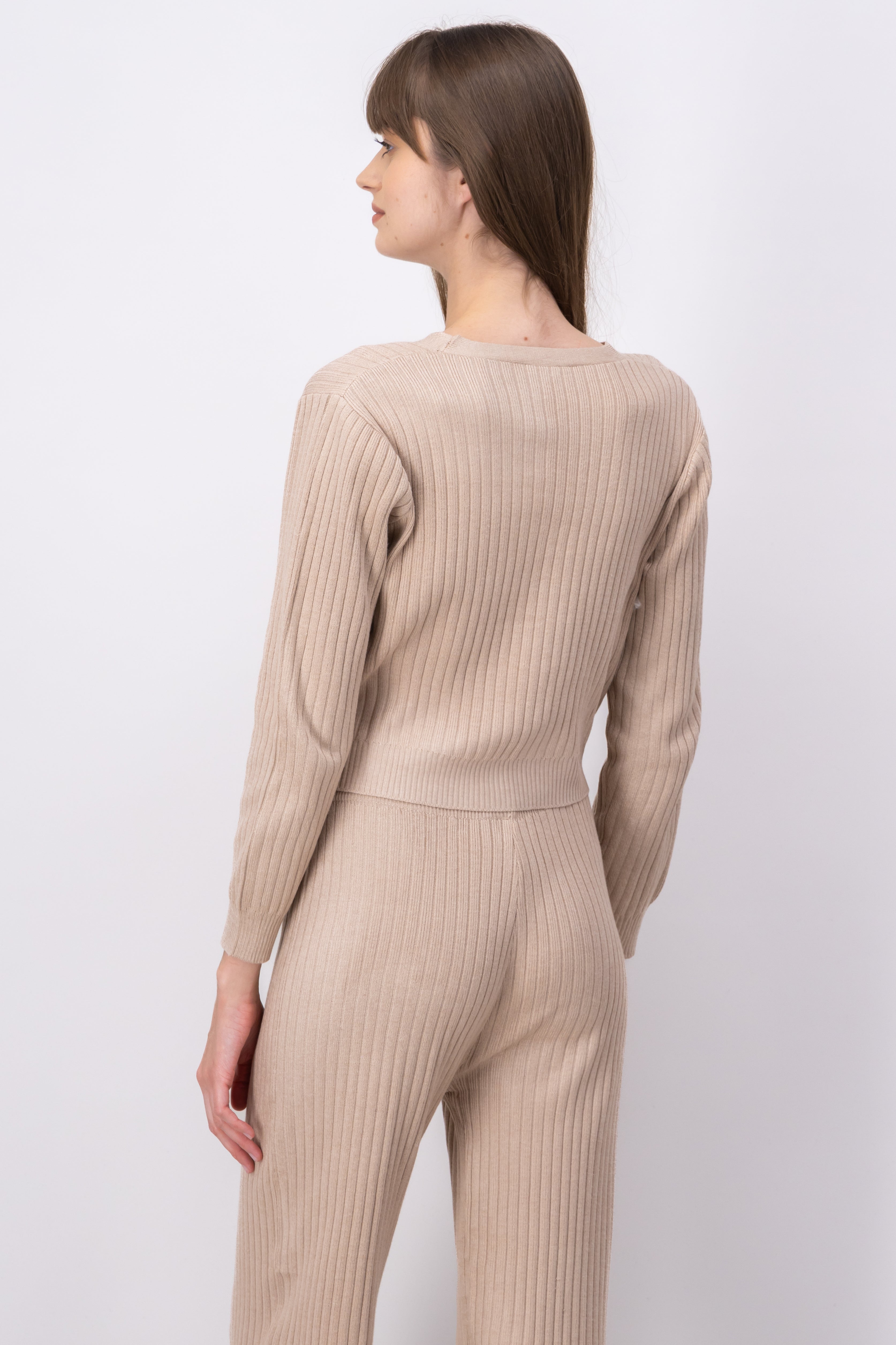 Ribbed Knit OpenButton Cardigan BEIGE