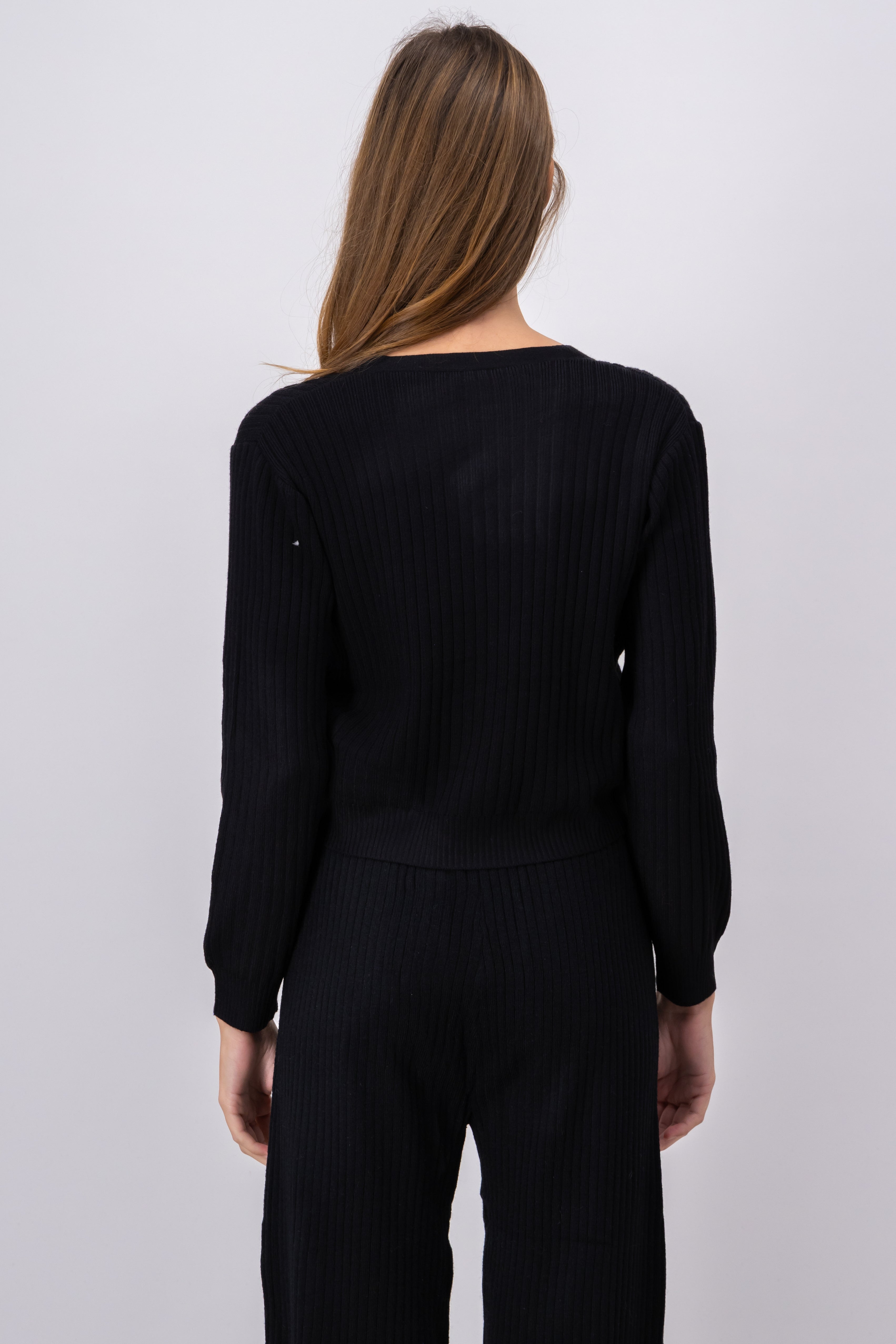 Ribbed Knit OpenButton Cardigan BLACK