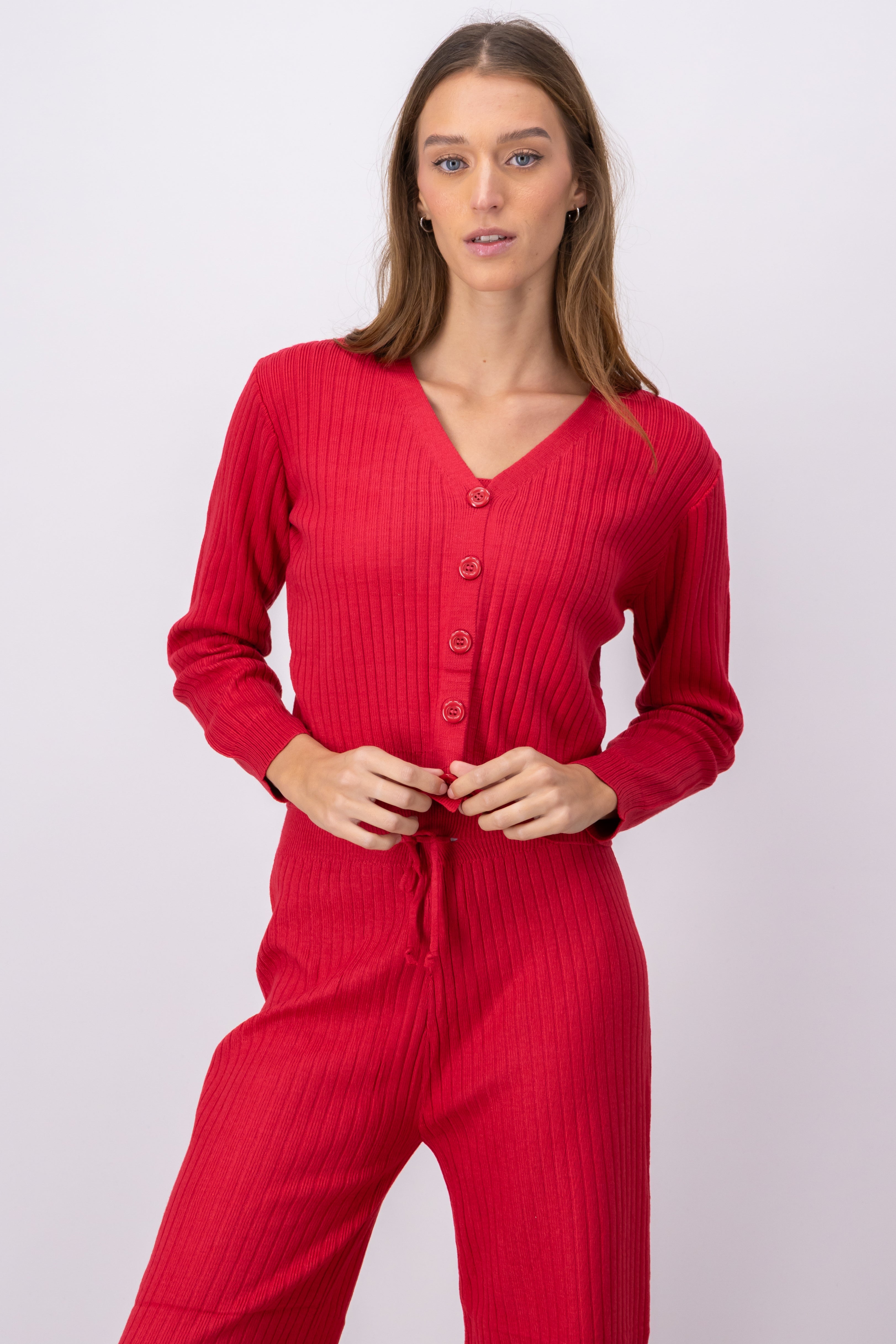 Ribbed Knit OpenButton Cardigan RED