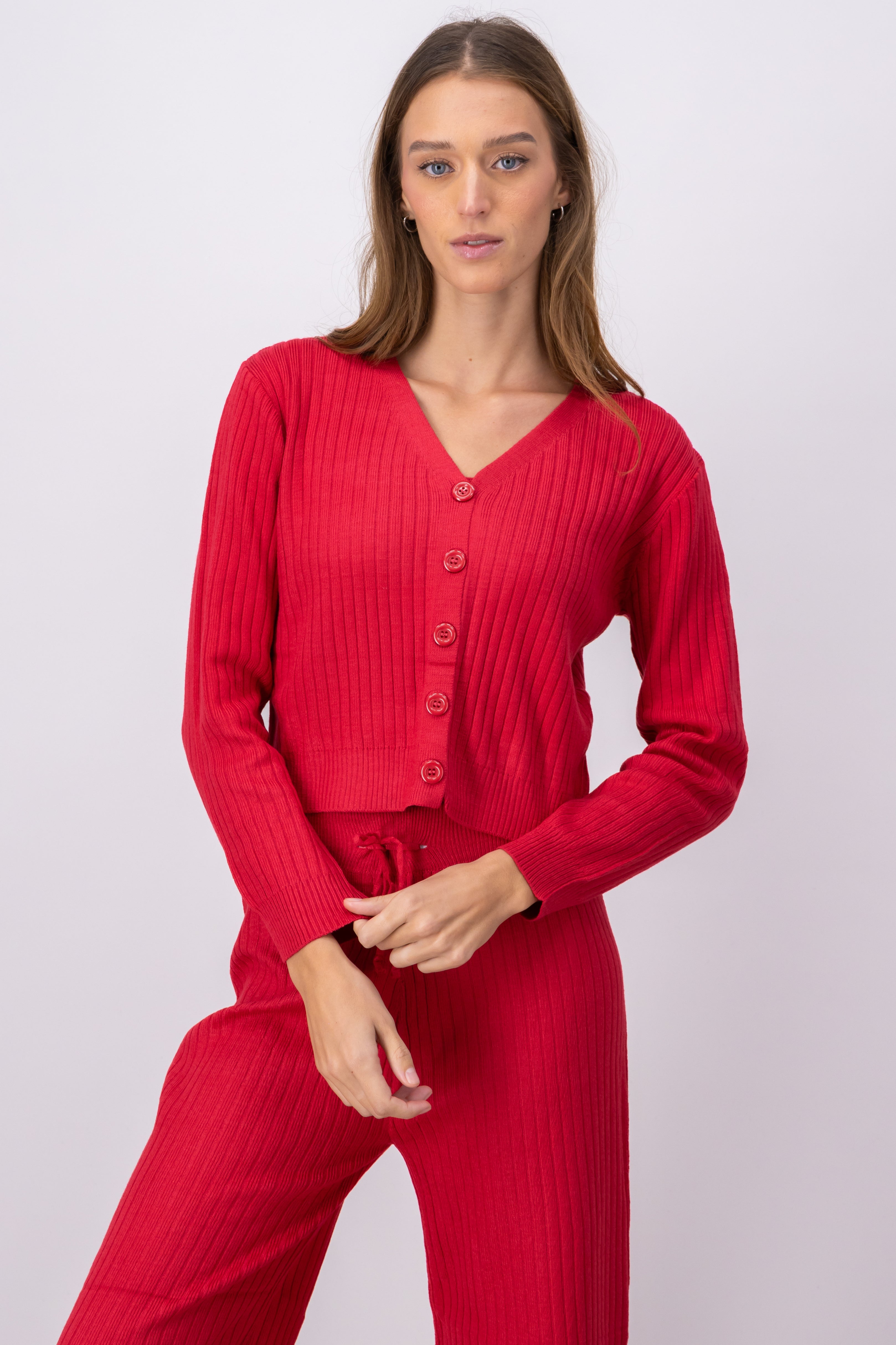 Ribbed Knit OpenButton Cardigan RED