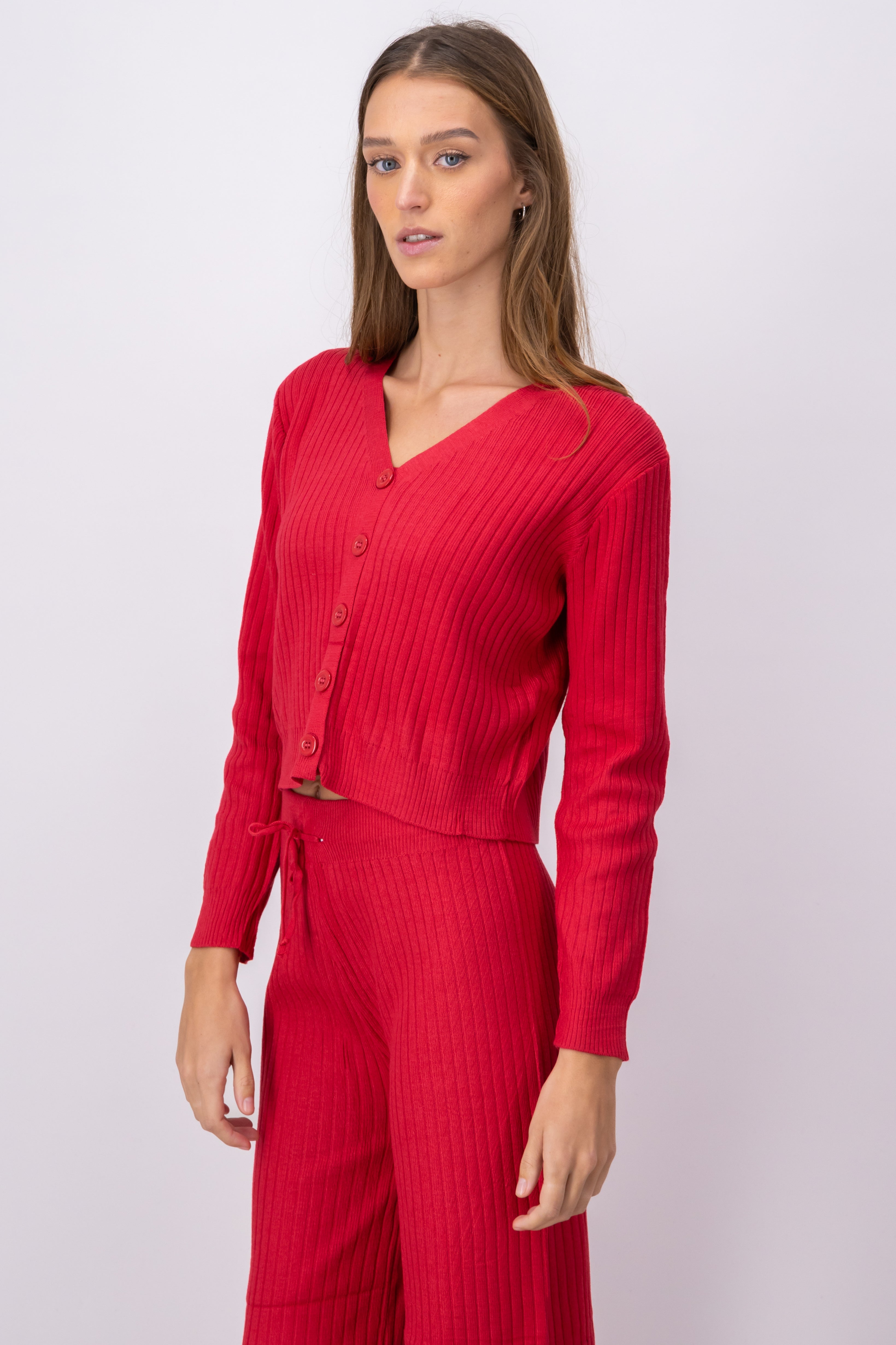 Ribbed Knit OpenButton Cardigan RED