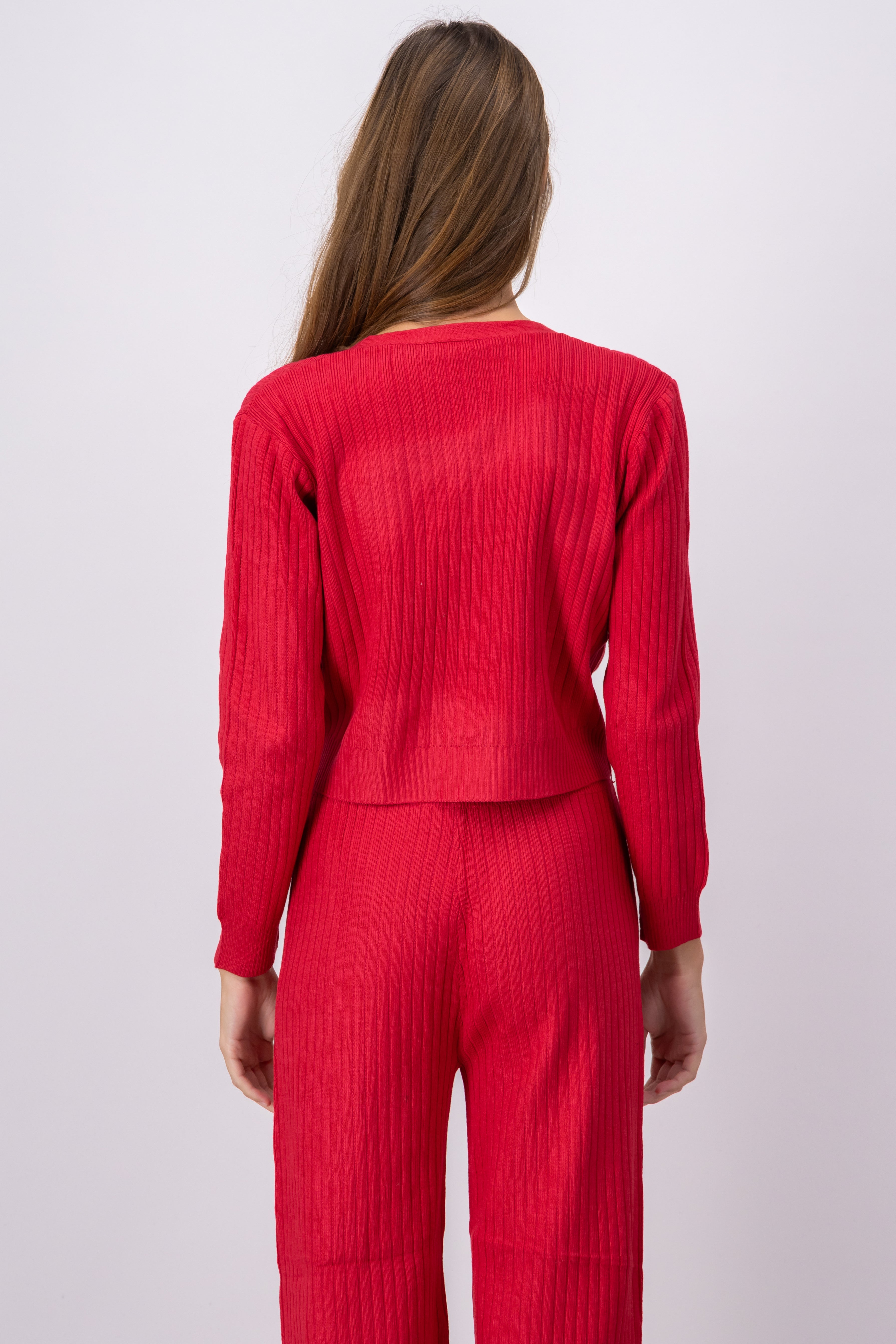 Ribbed Knit OpenButton Cardigan RED