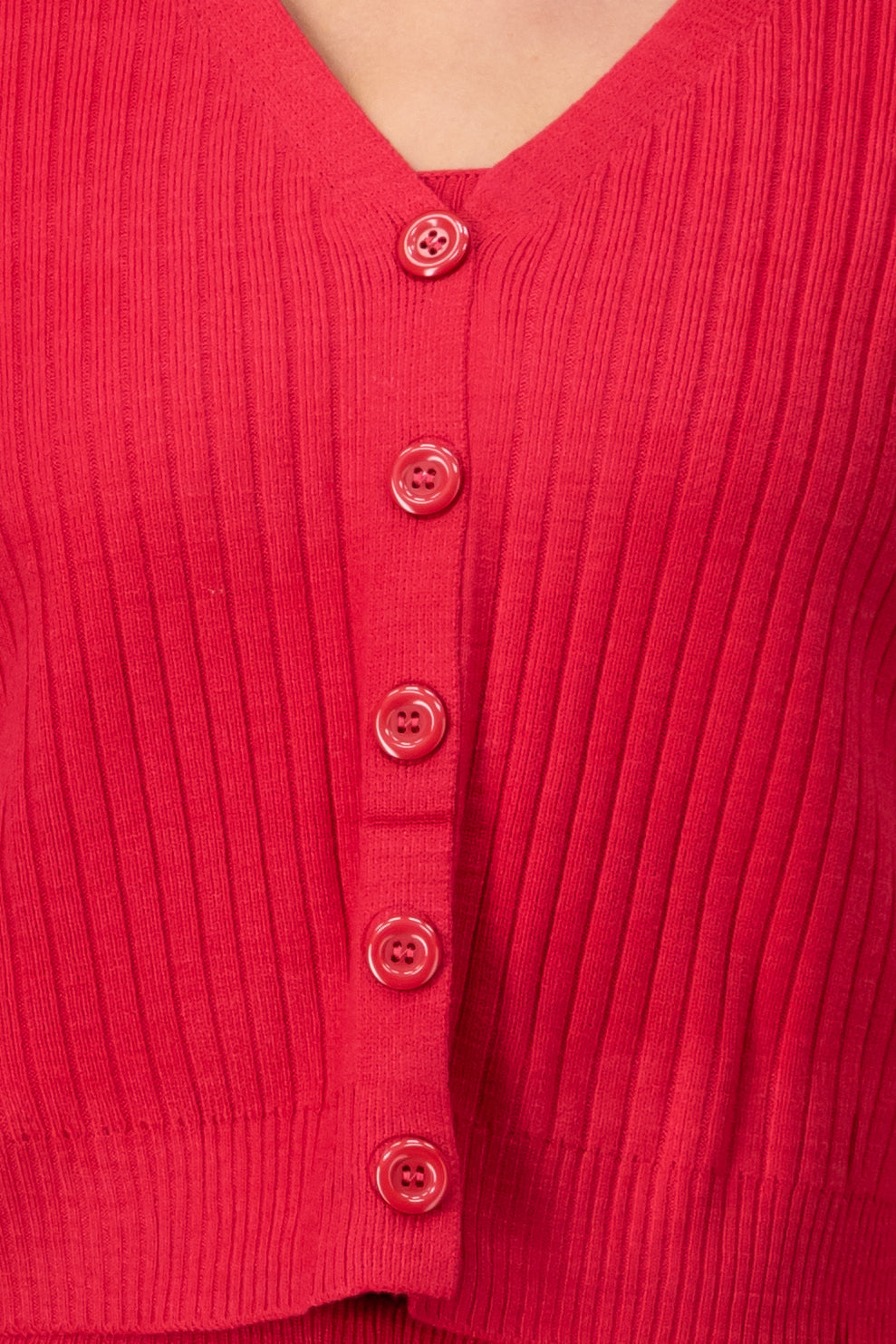 Ribbed Knit OpenButton Cardigan RED