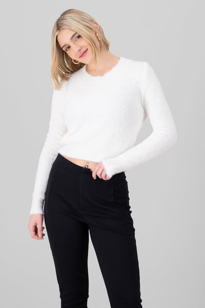 Faux Fur Round Neck Cropped Sweater WHITE