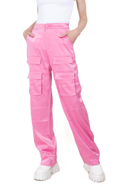 Straight Leg Satin Cargo Pants PINK