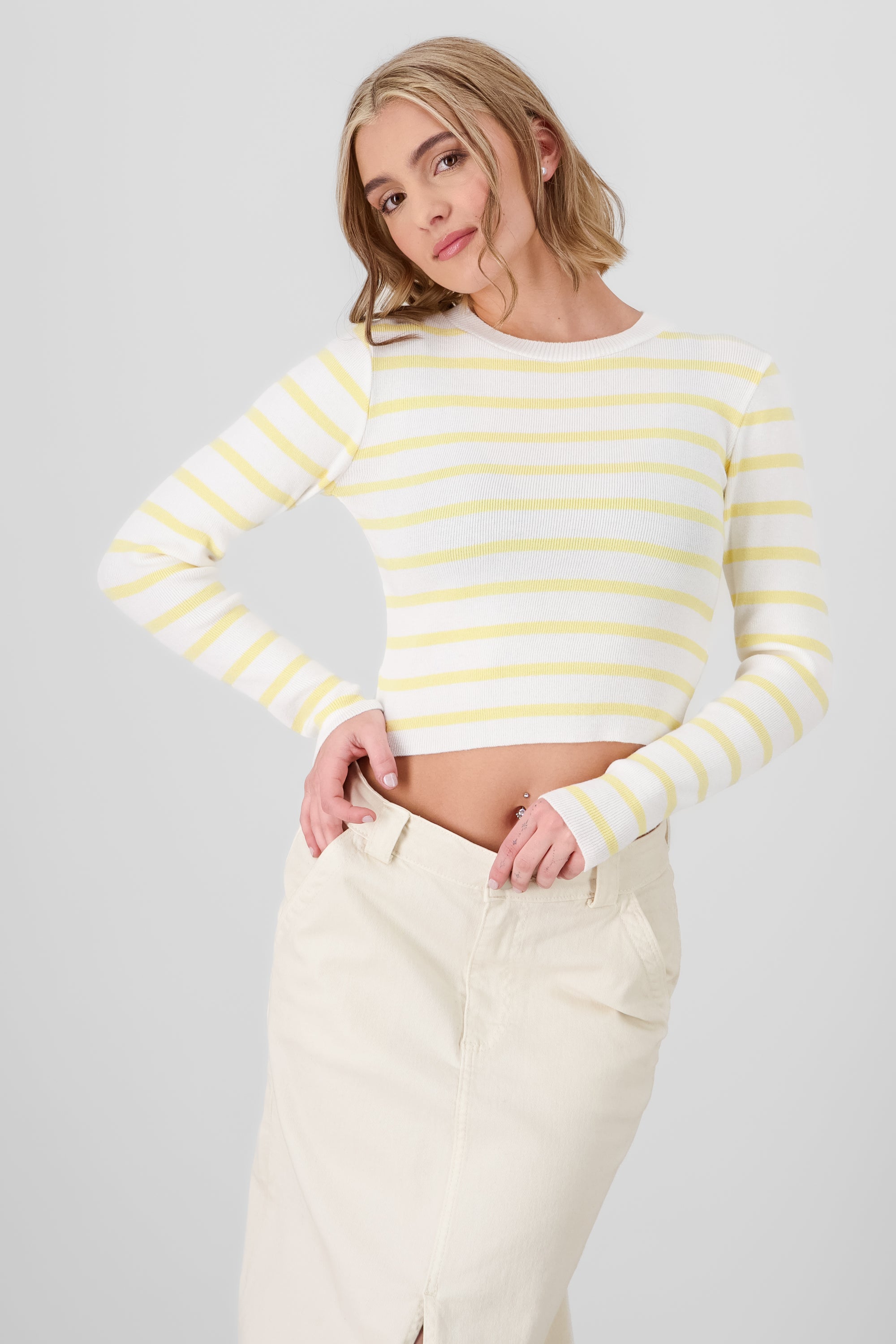 THin Striped Long sleeve Crop Top PASTEL YELLOW