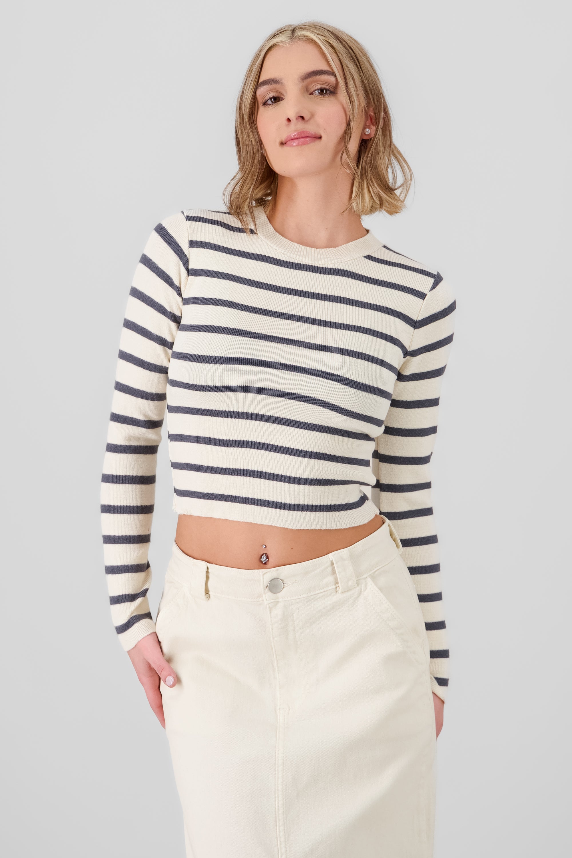 THin Striped Long sleeve Crop Top GRAY