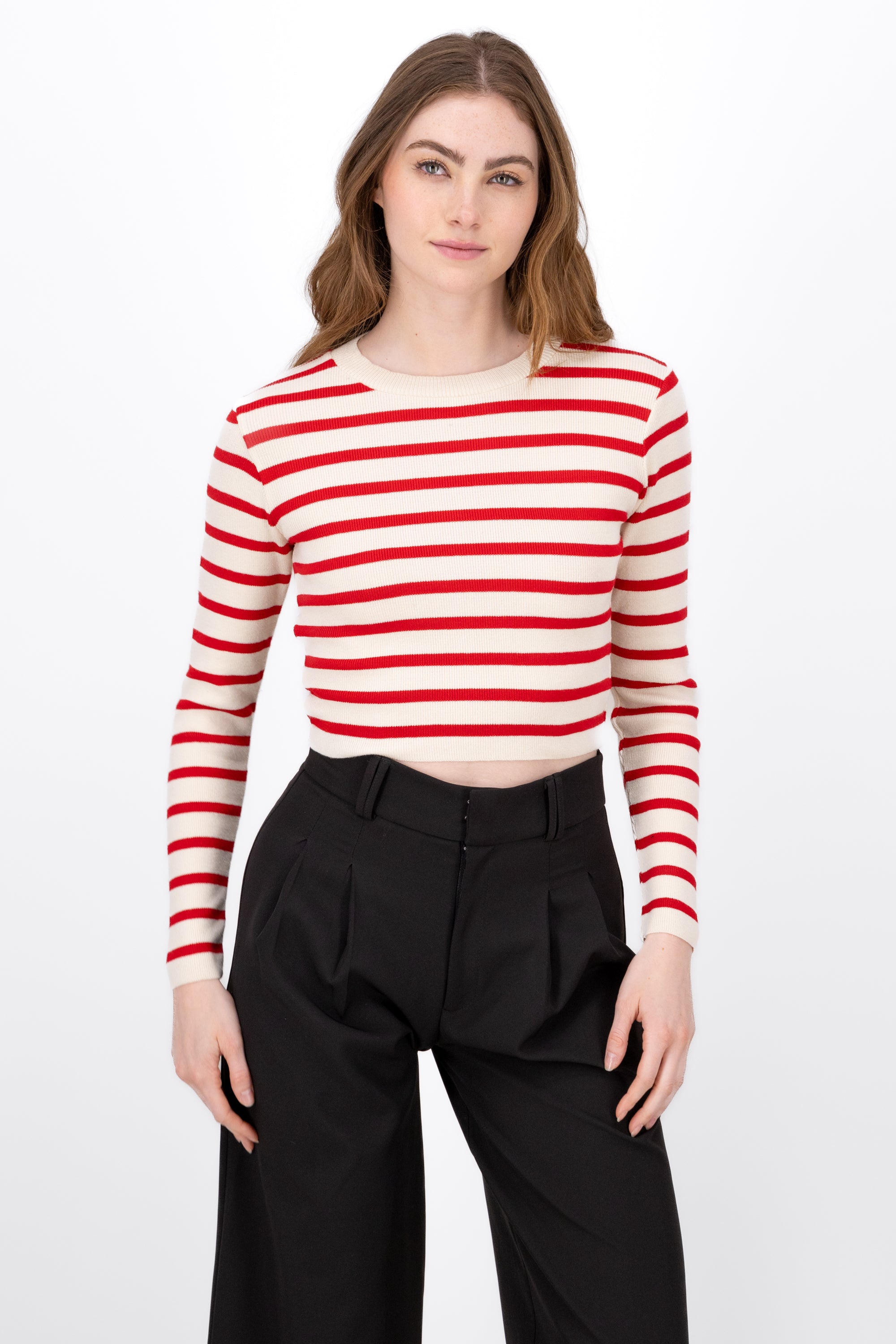 THin Striped Long sleeve Crop Top RED