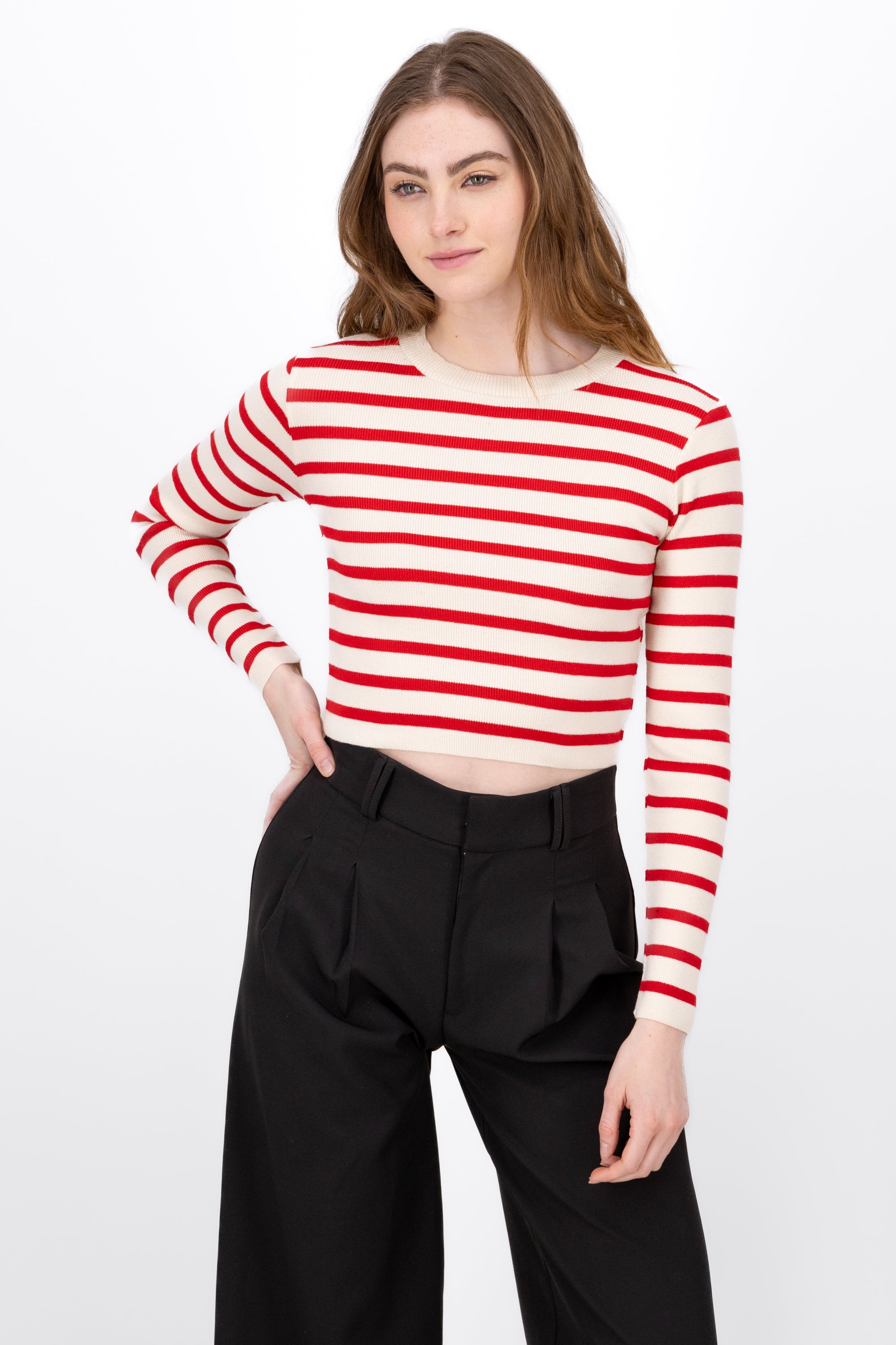 THin Striped Long sleeve Crop Top RED