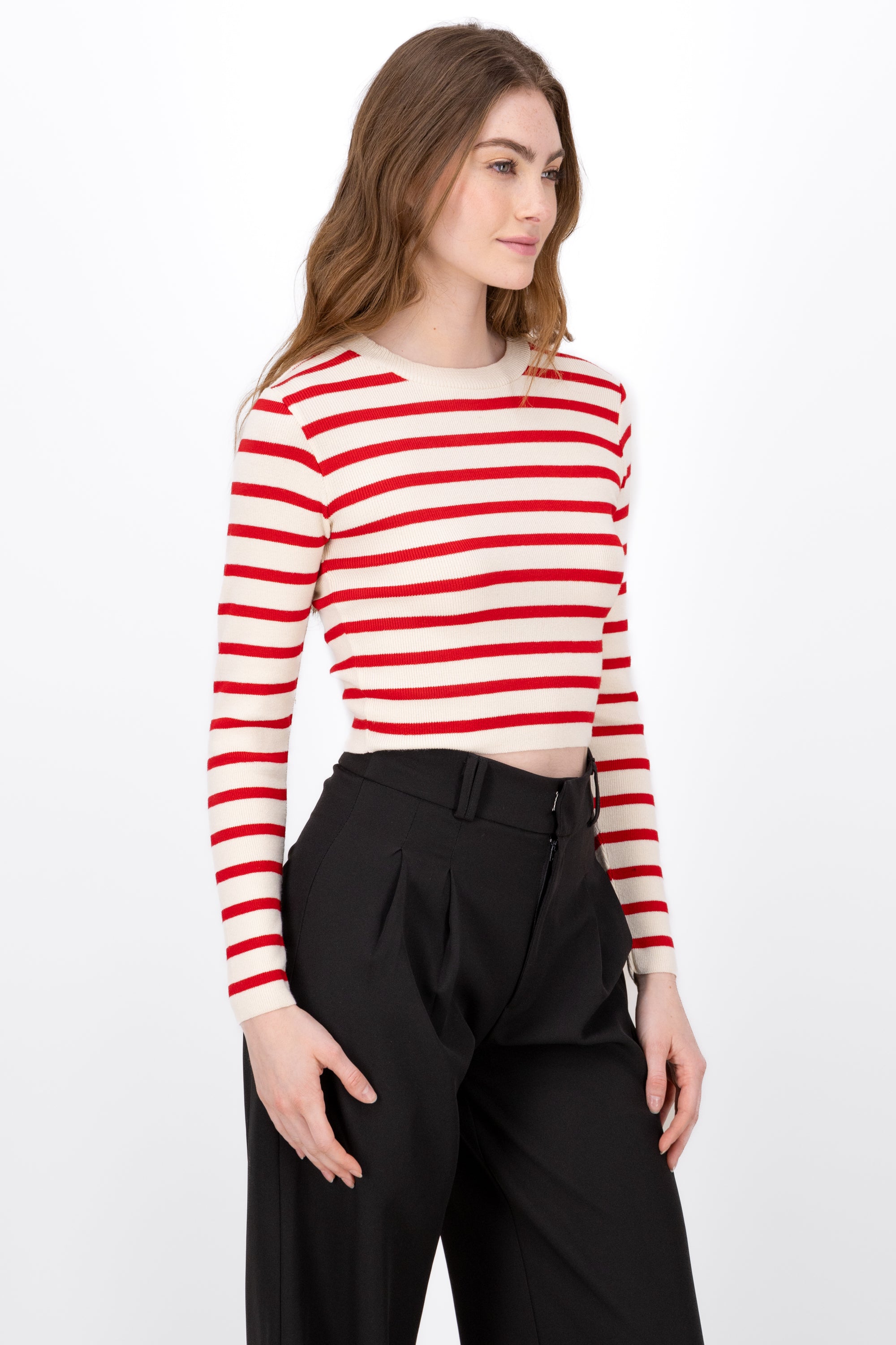 THin Striped Long sleeve Crop Top RED