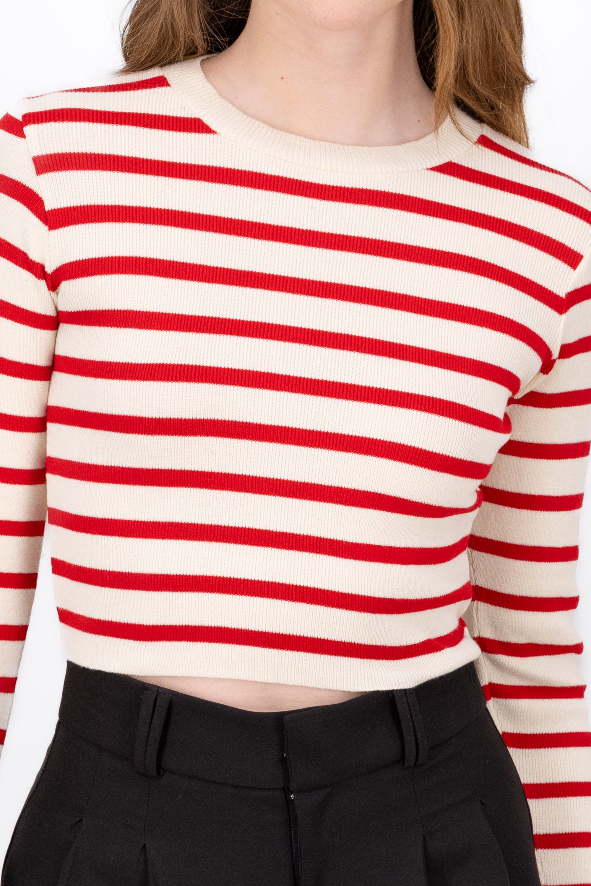 THin Striped Long sleeve Crop Top RED