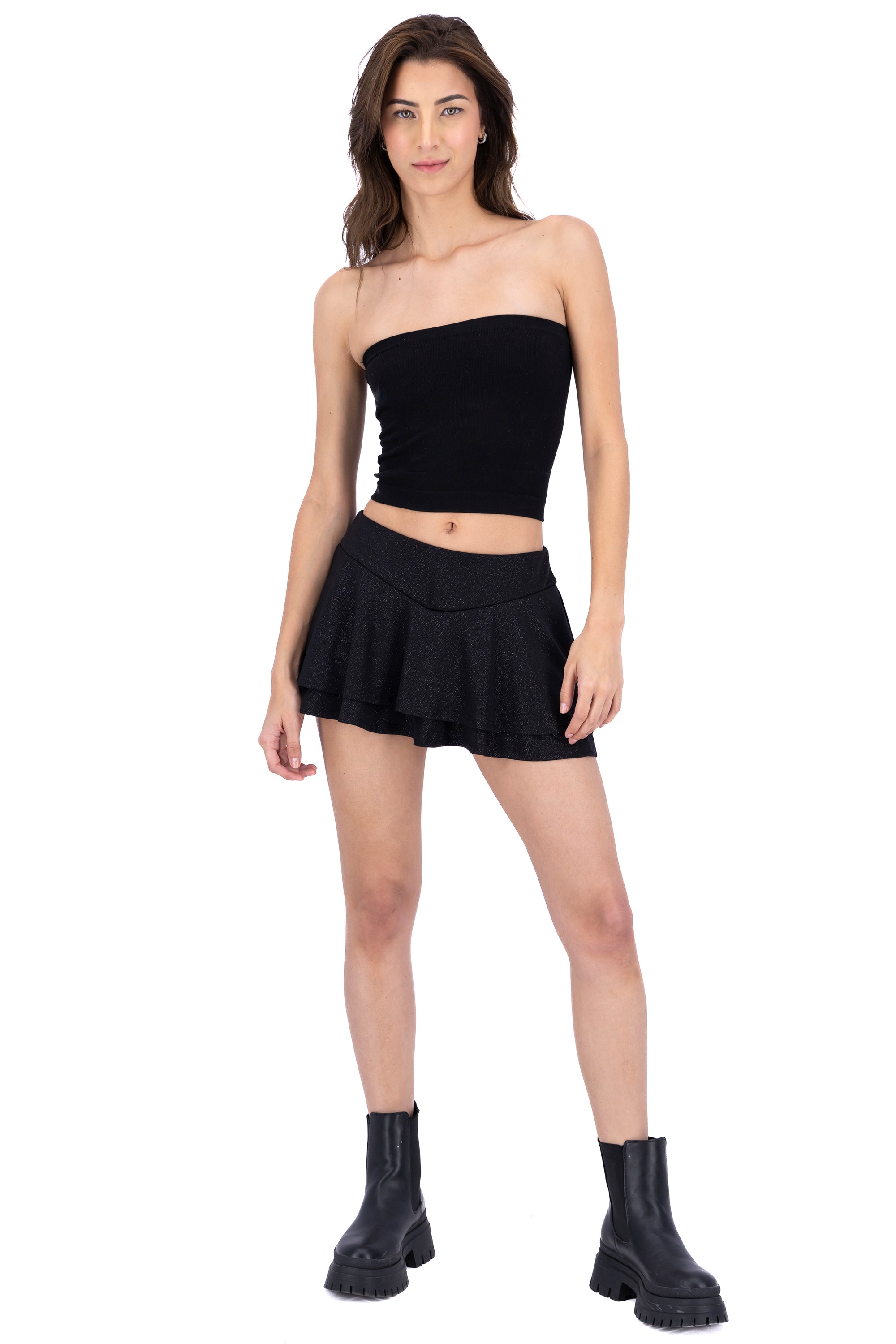 Lurex Wide Waist Short Skirt BLACK