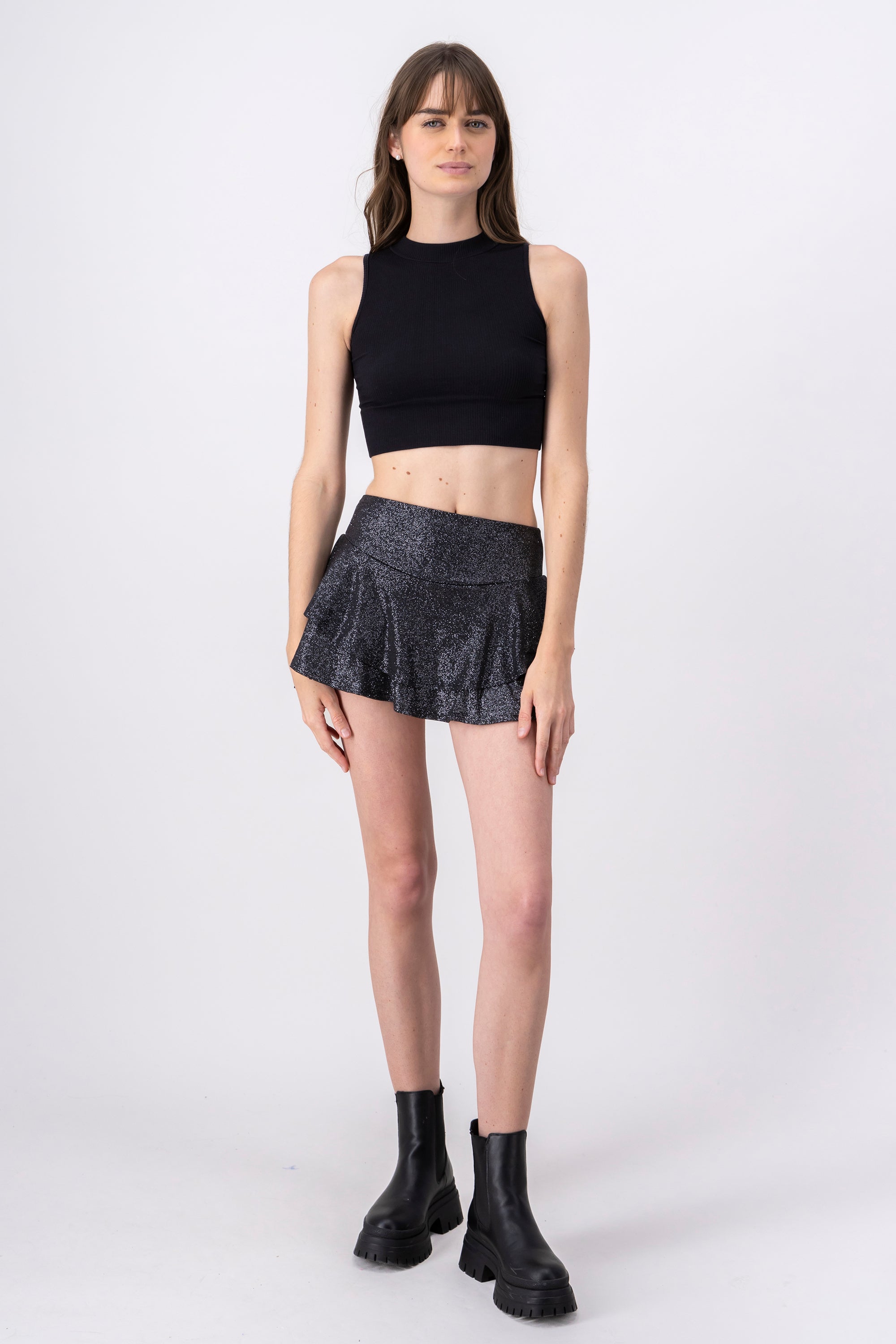 Lurex Wide Waist Short Skirt BLACK COMBO