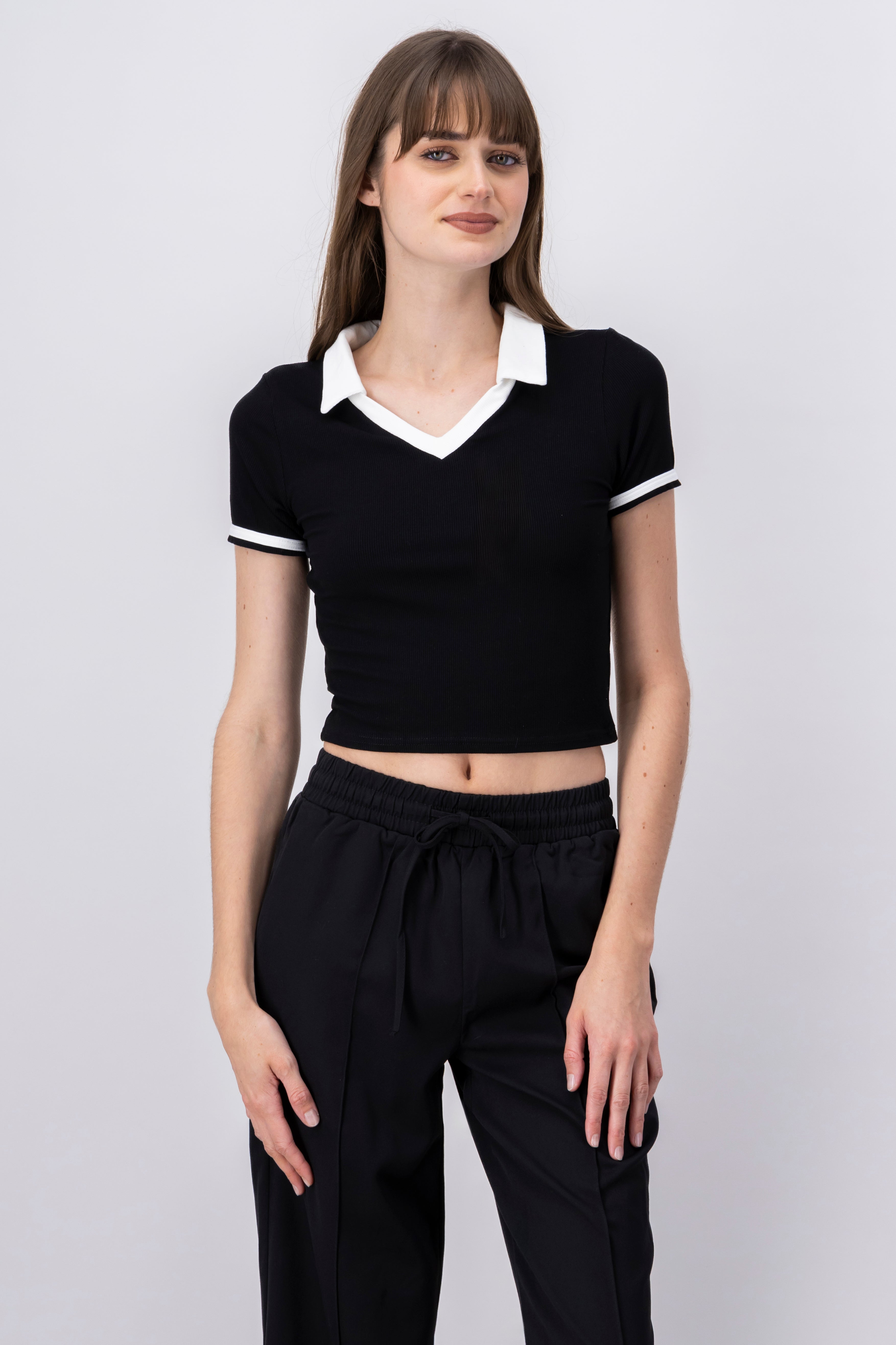 Contrast Color Polo Neck Shirt BLACK COMBO