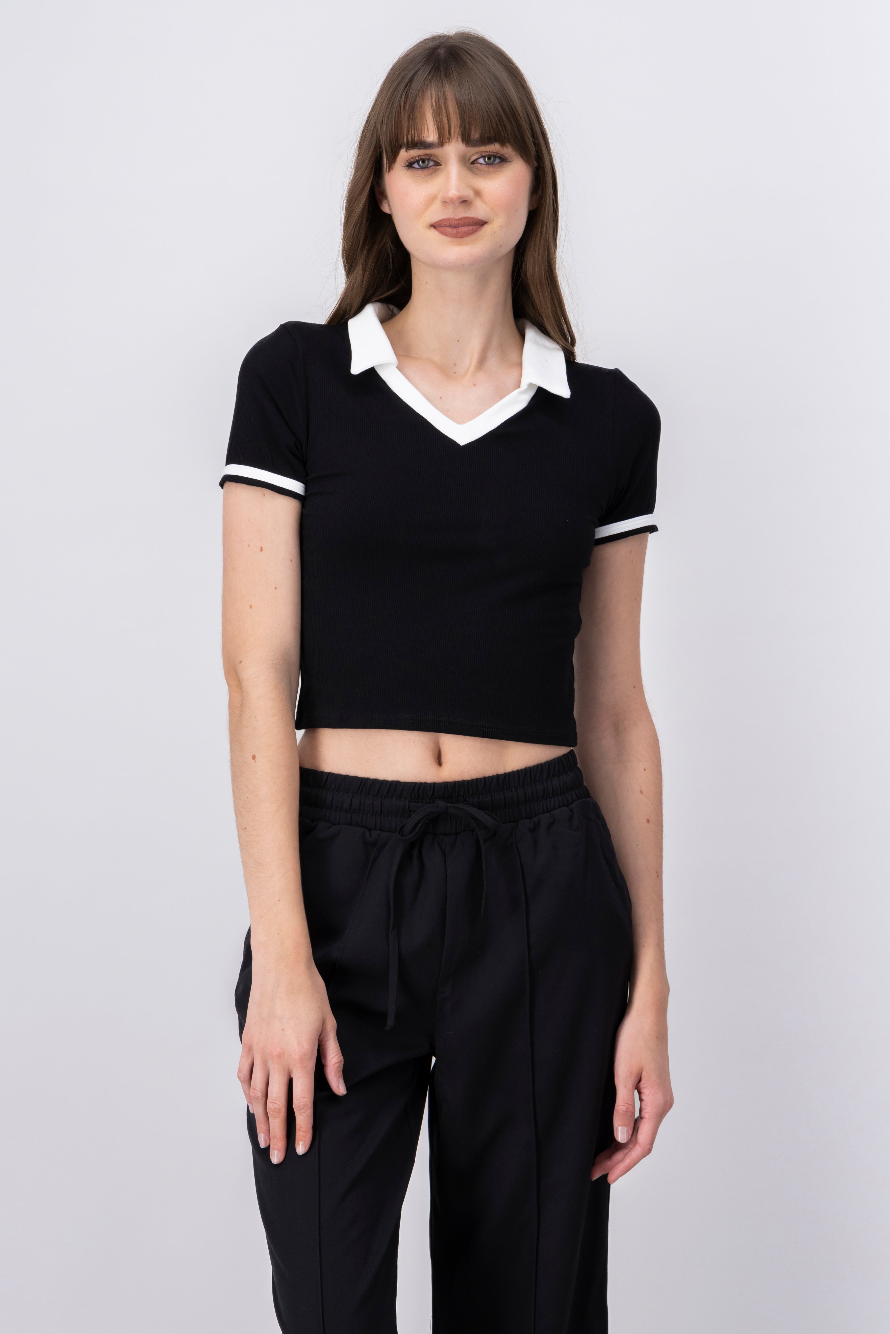 Contrast Color Polo Neck Shirt BLACK COMBO