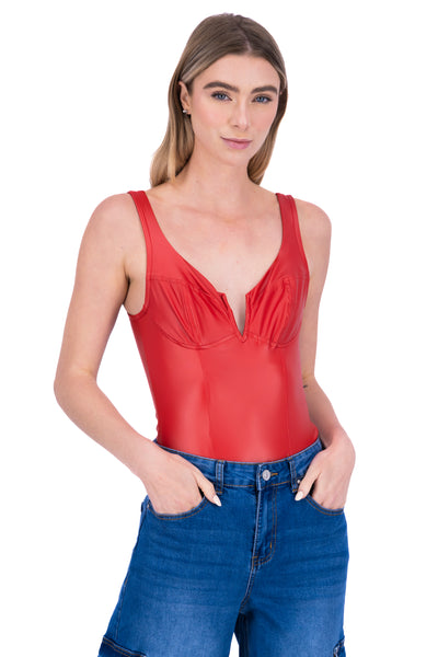 Leather Open Neckline Bodysuit RED