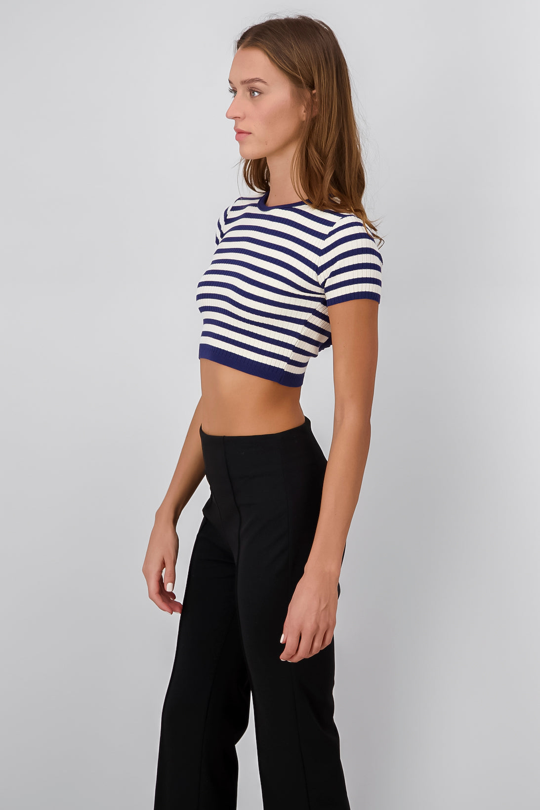 Short Sleeve Striped Knit Crop Top NAVY COMBO