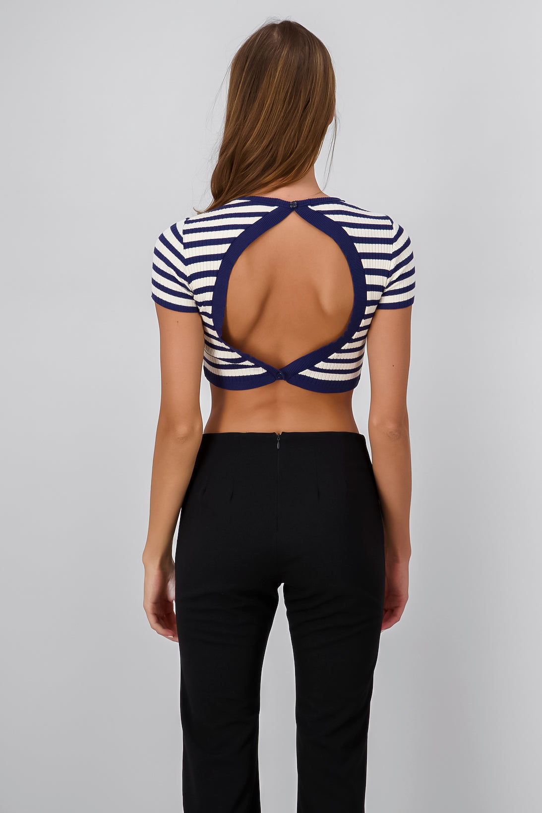 Short Sleeve Striped Knit Crop Top NAVY COMBO