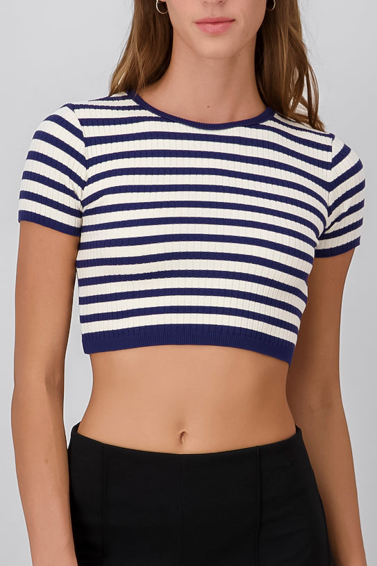 Short Sleeve Striped Knit Crop Top NAVY COMBO