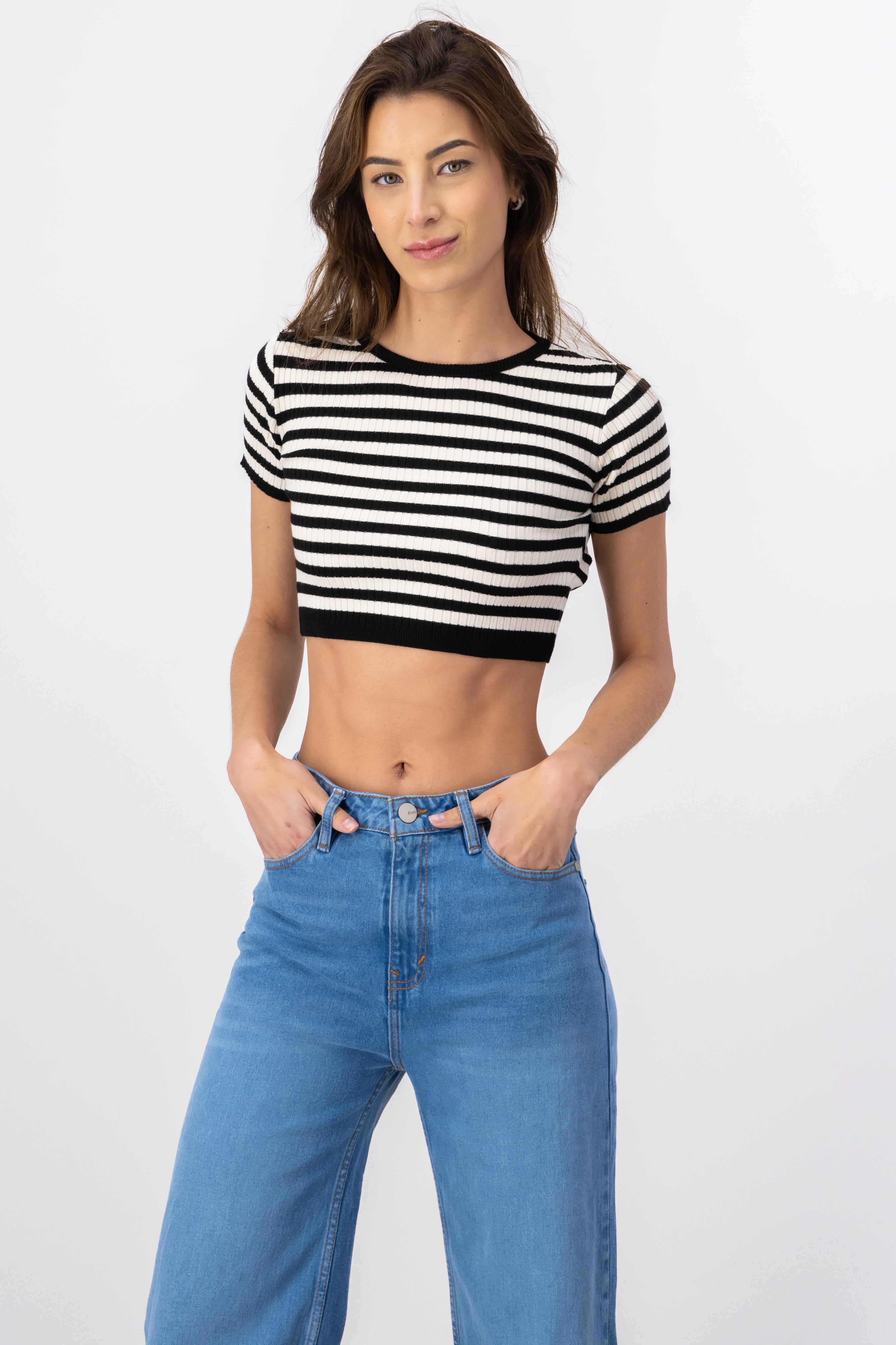 Short Sleeve Striped Knit Crop Top BLACK COMBO