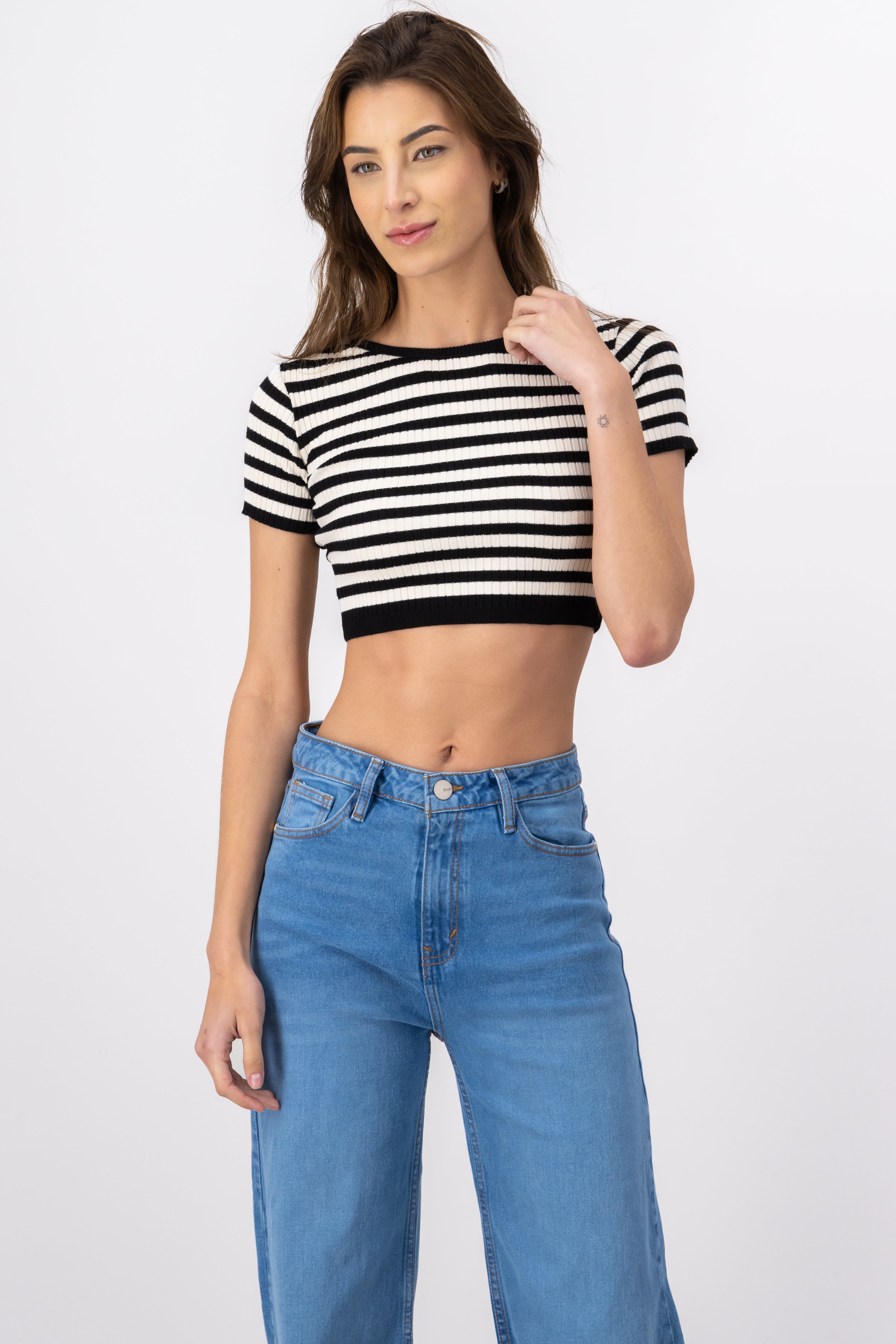 Short Sleeve Striped Knit Crop Top BLACK COMBO