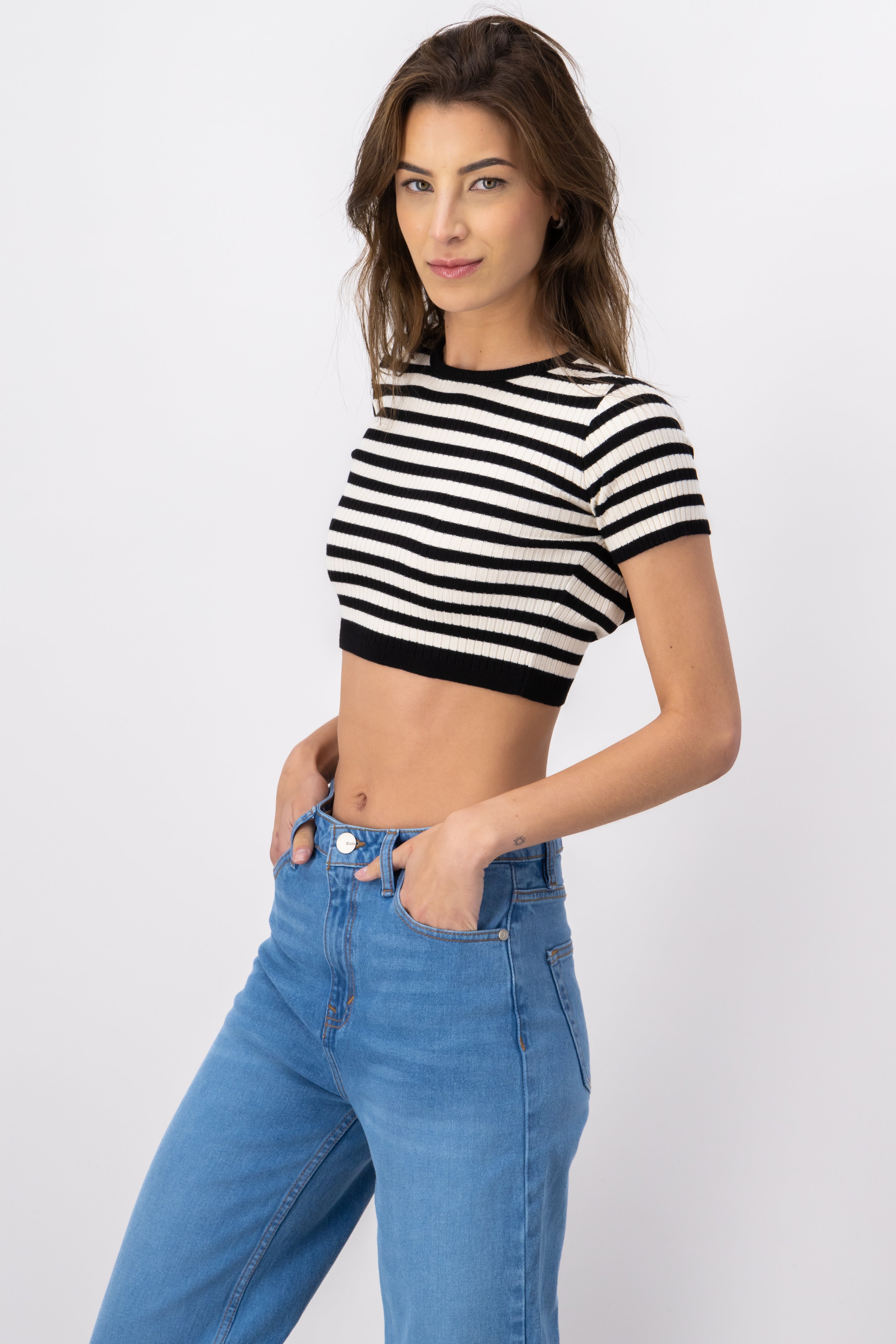 Short Sleeve Striped Knit Crop Top BLACK COMBO