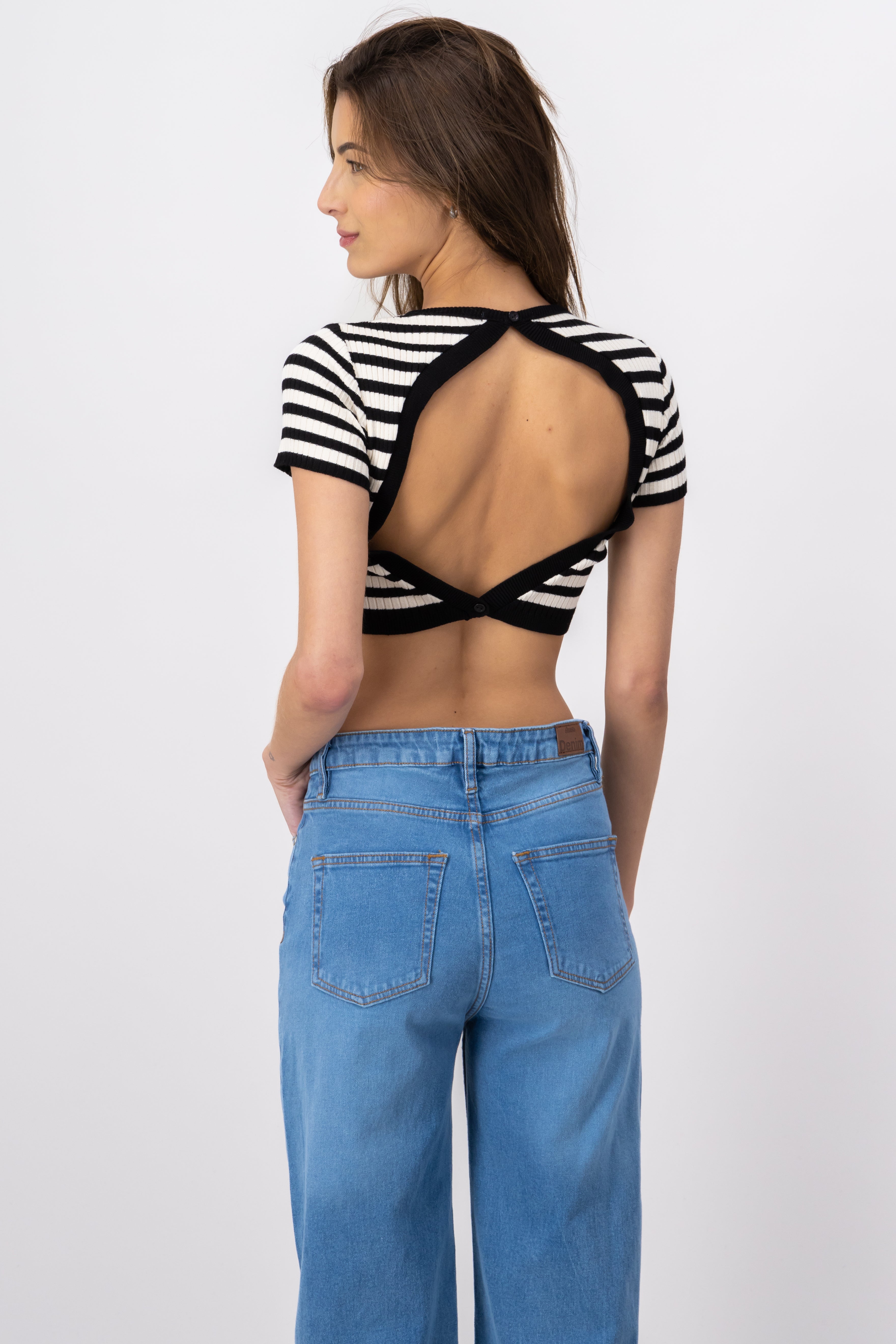 Short Sleeve Striped Knit Crop Top BLACK COMBO