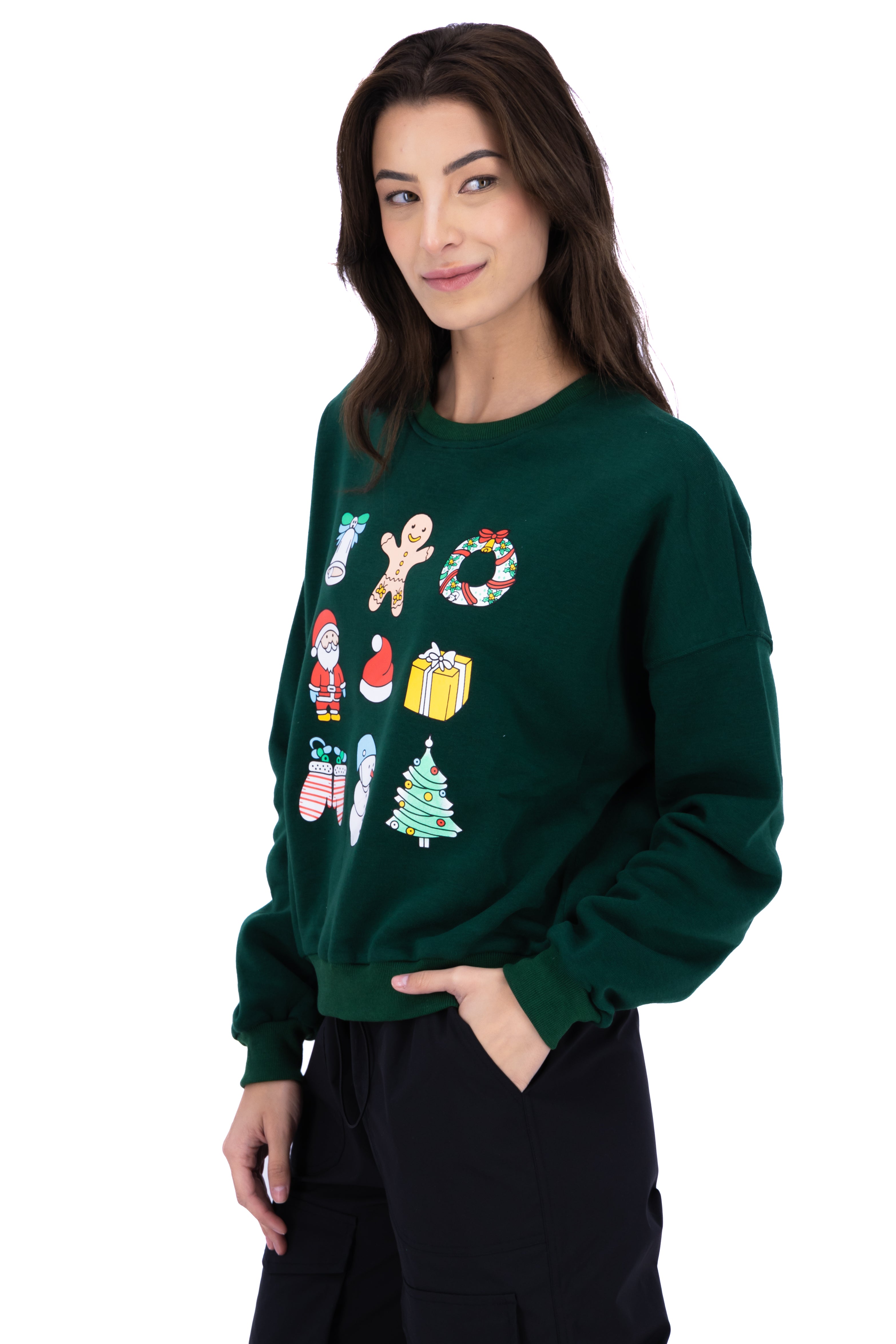 Off Shoulder Christmas Sweatshirt HUNTER GREEN