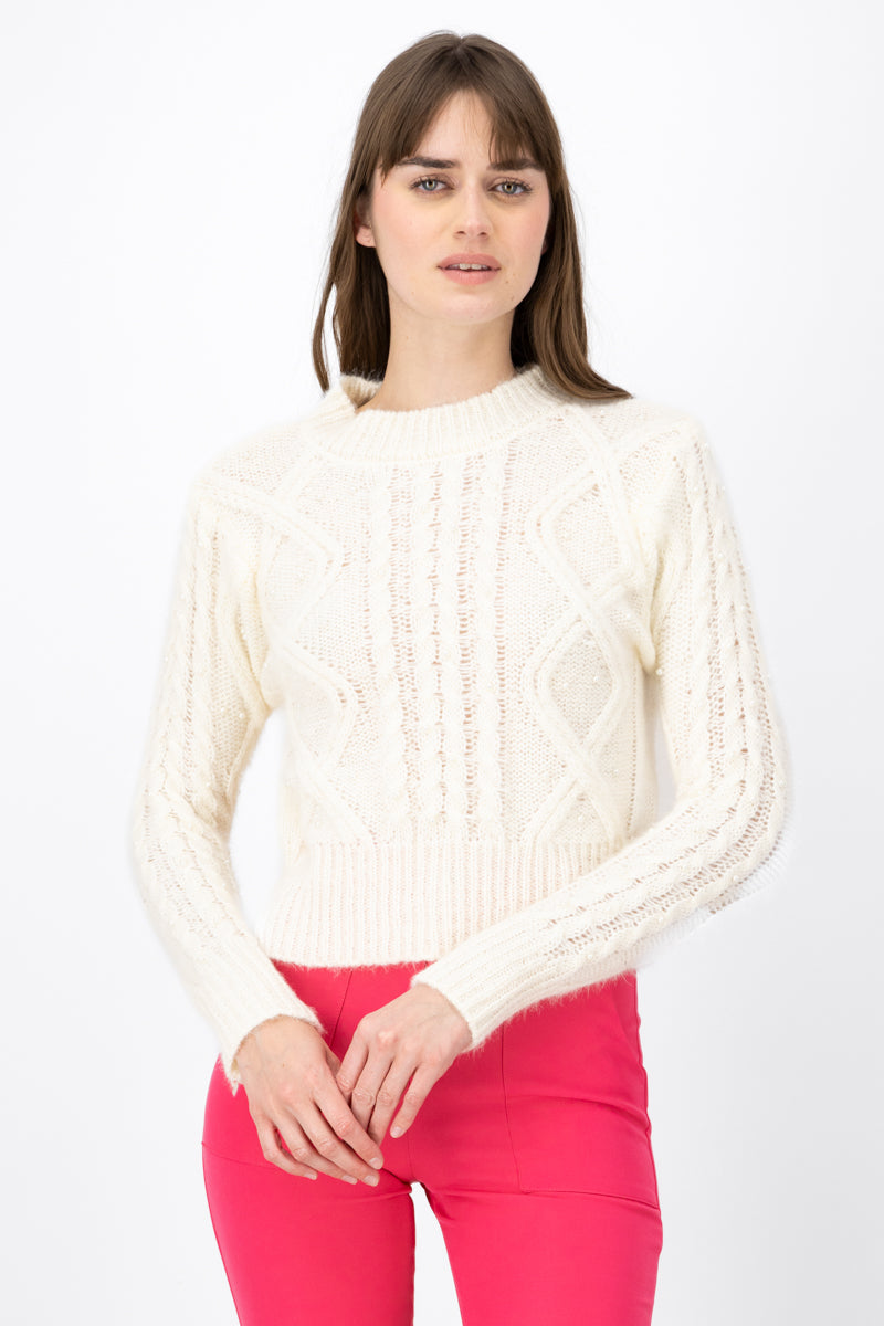 Woven Pearl Detailed Knitted Sweater WHITE