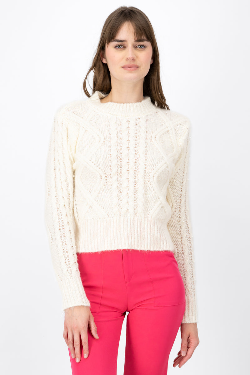 Woven Pearl Detailed Knitted Sweater WHITE