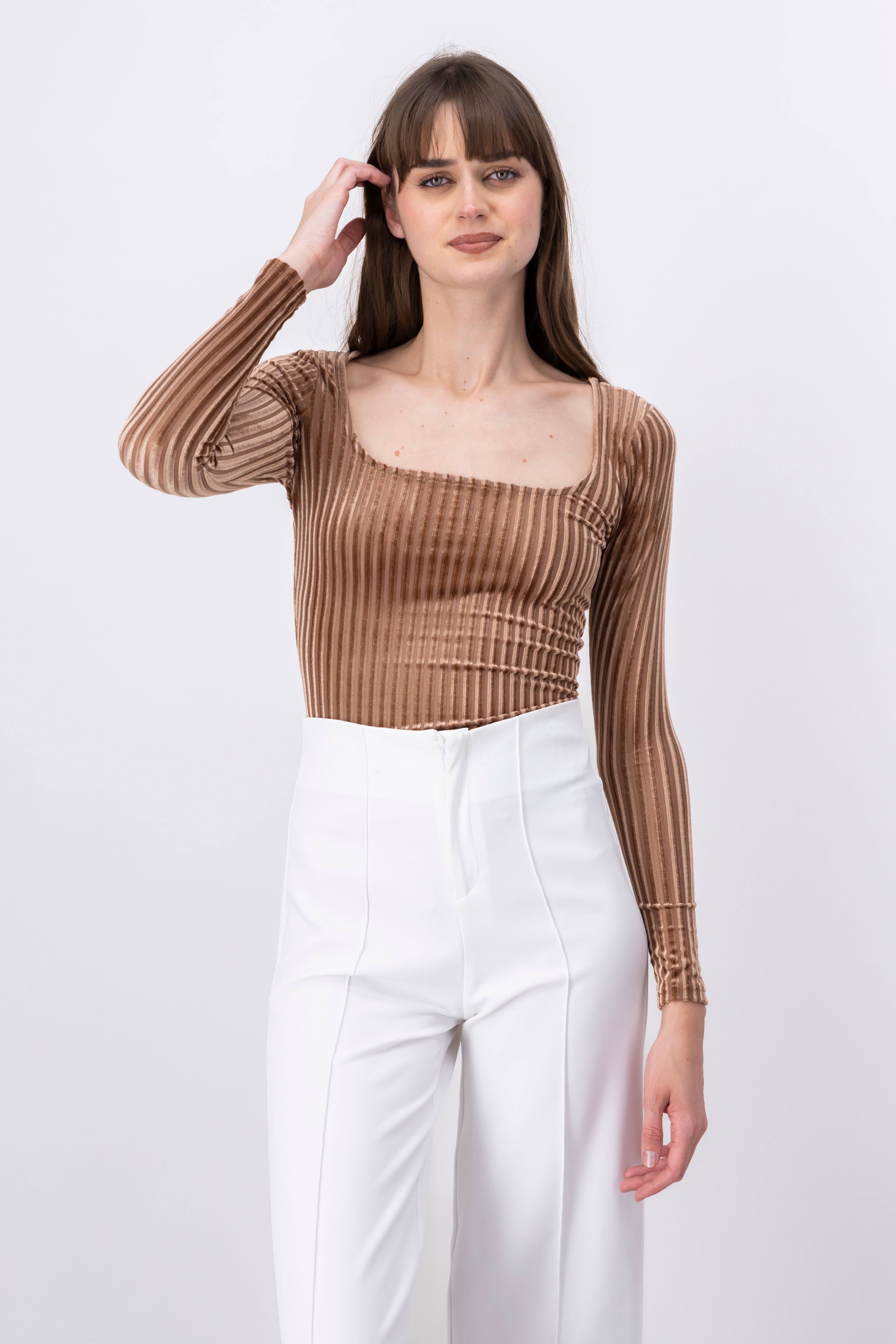 Long Sleeve Ribbed Velvet Bodysuit BROWN