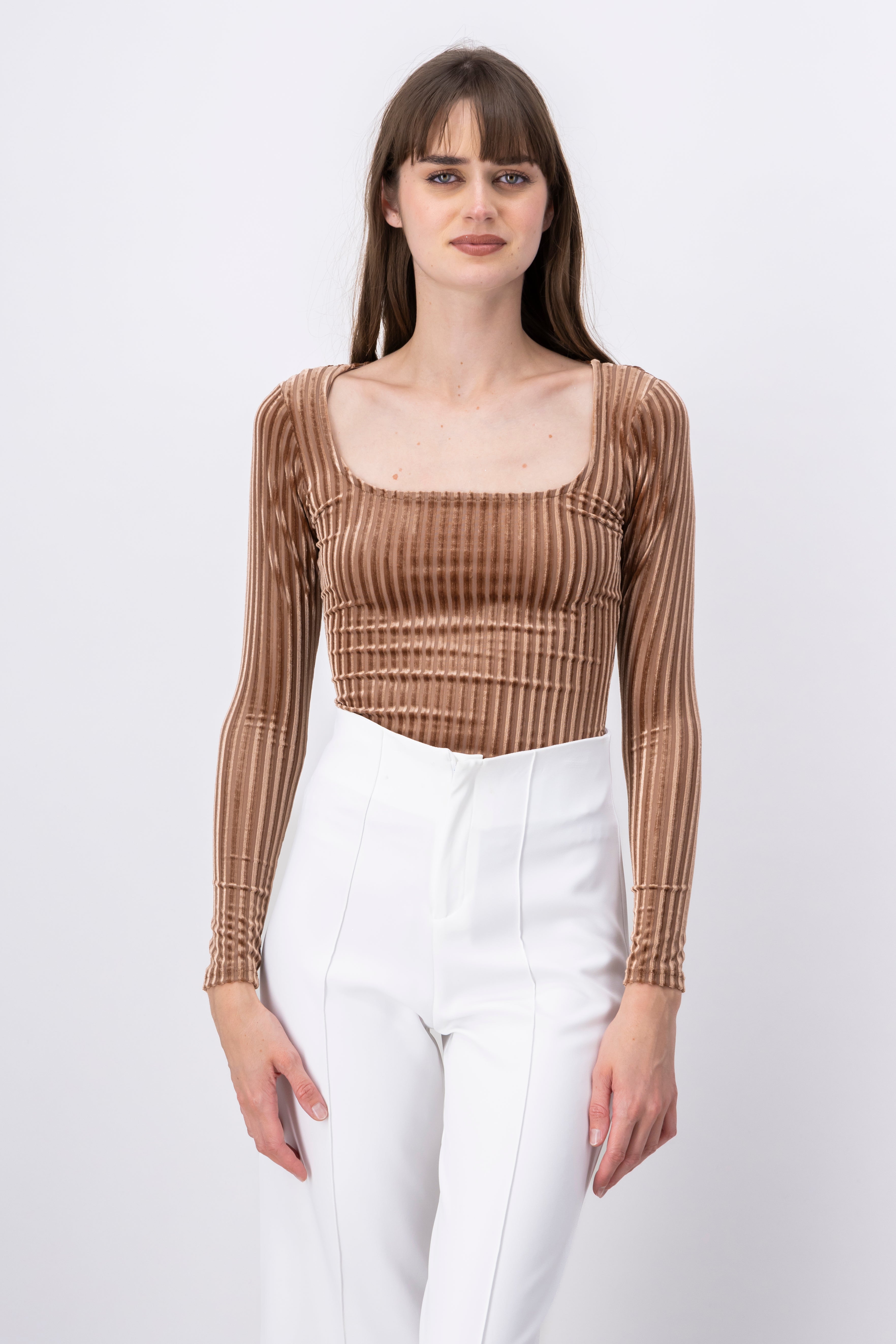 Long Sleeve Ribbed Velvet Bodysuit BROWN