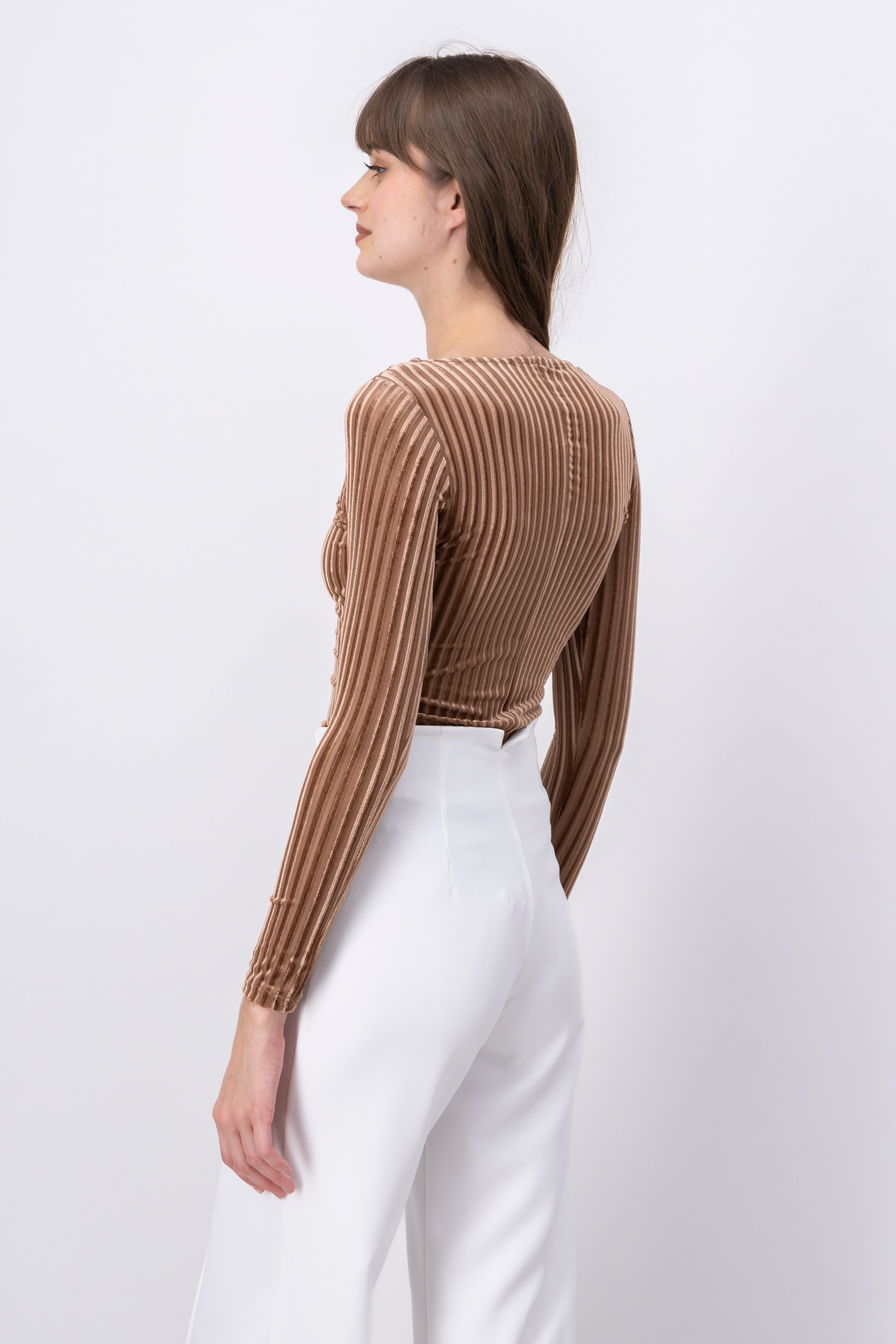 Long Sleeve Ribbed Velvet Bodysuit BROWN