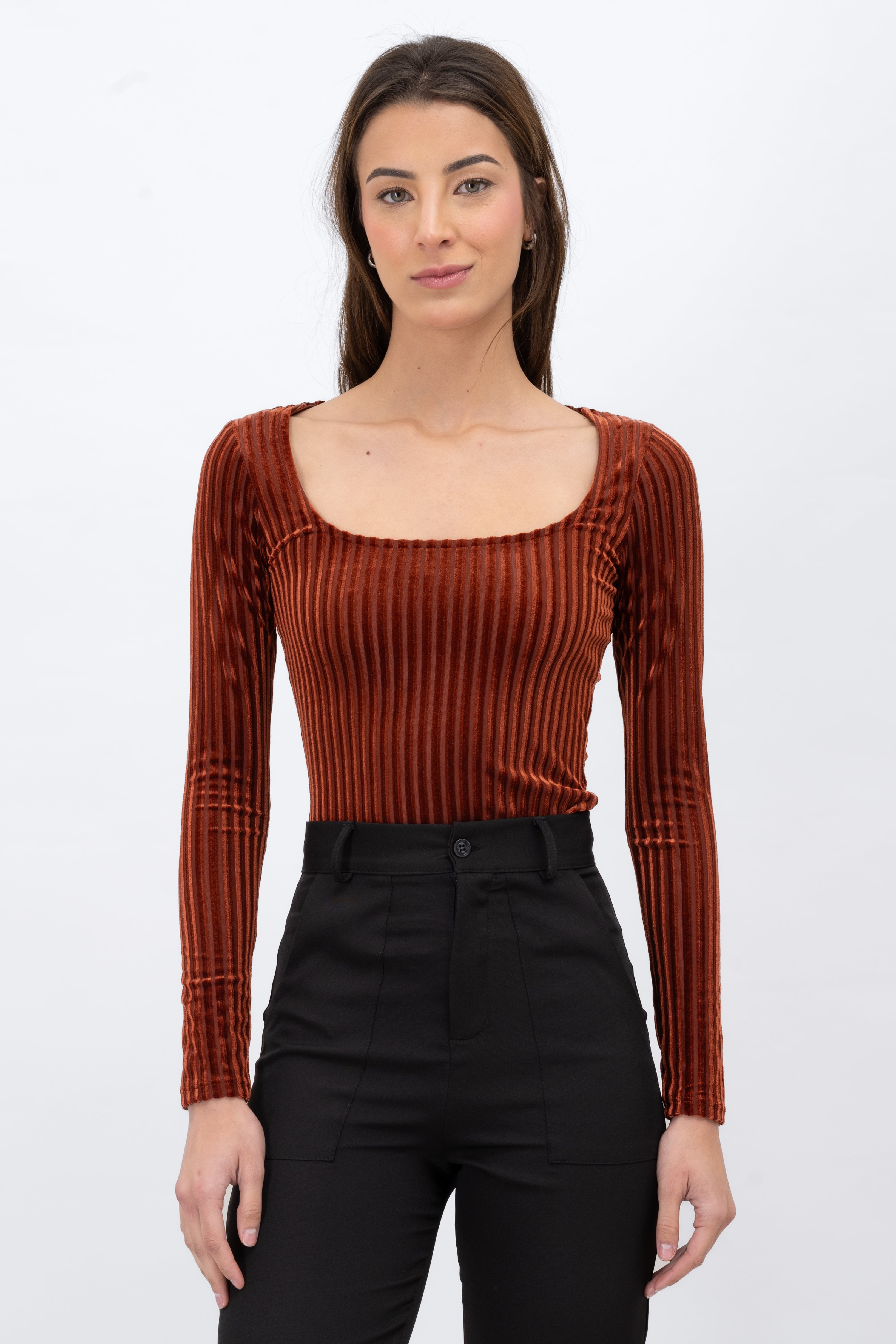 Long Sleeve Ribbed Velvet Bodysuit DARK BROWN