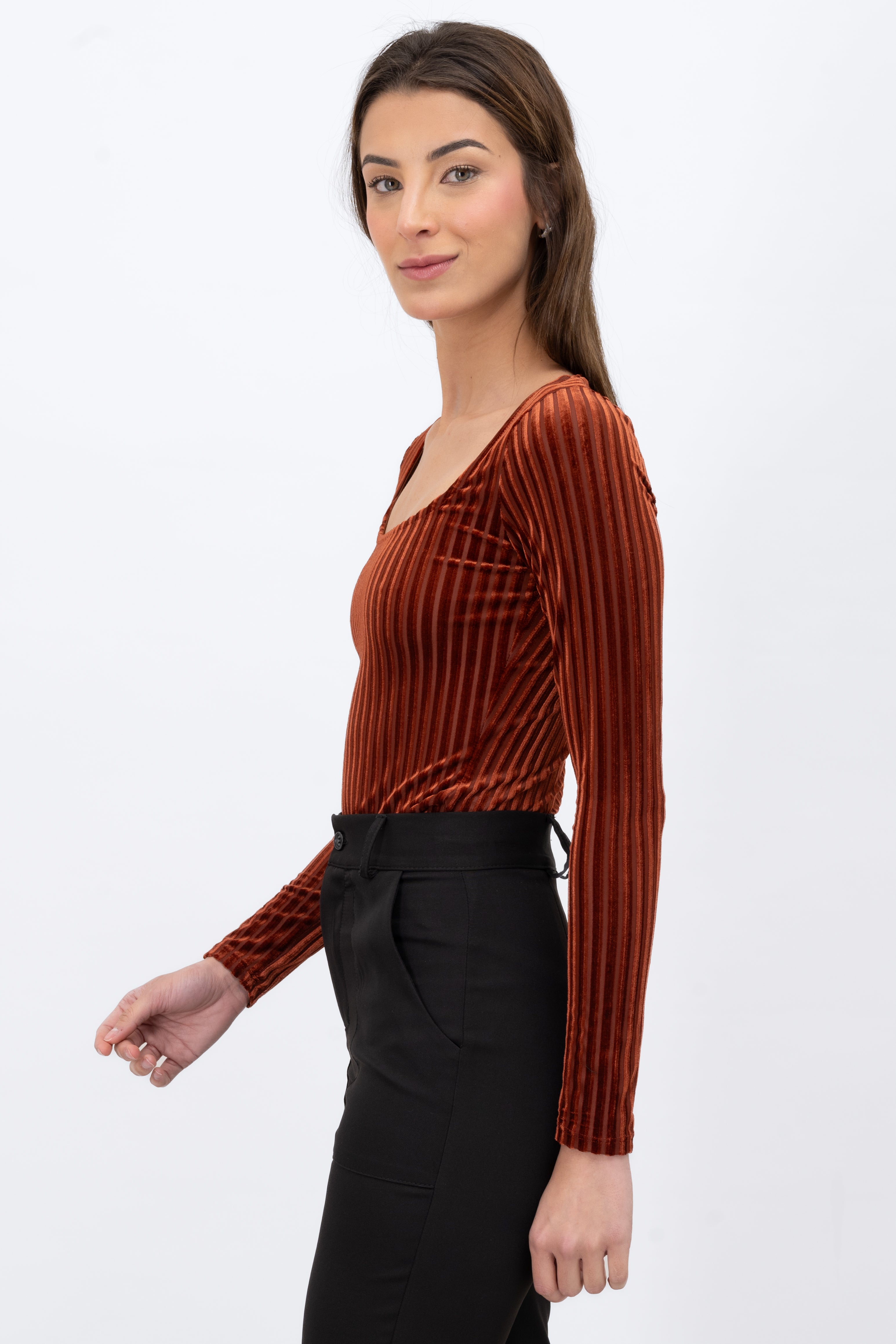 Long Sleeve Ribbed Velvet Bodysuit DARK BROWN