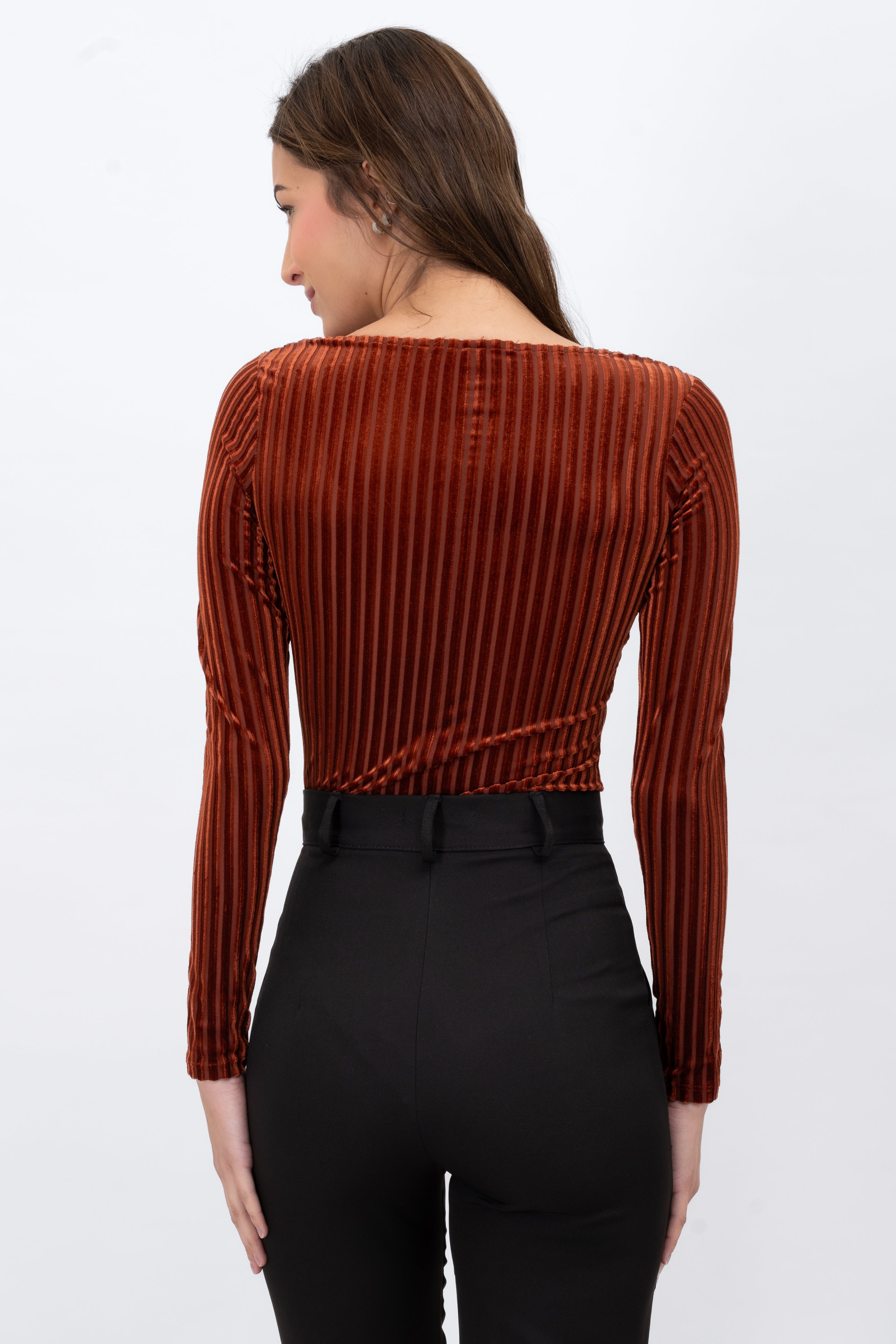 Long Sleeve Ribbed Velvet Bodysuit DARK BROWN