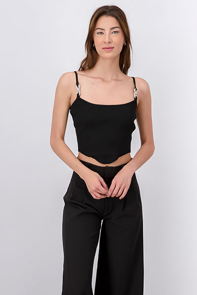 Ribbed Tank Top With Shiny Straps BLACK