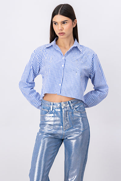 Long Sleeve StripedPattern Blouse BLUE COMBO