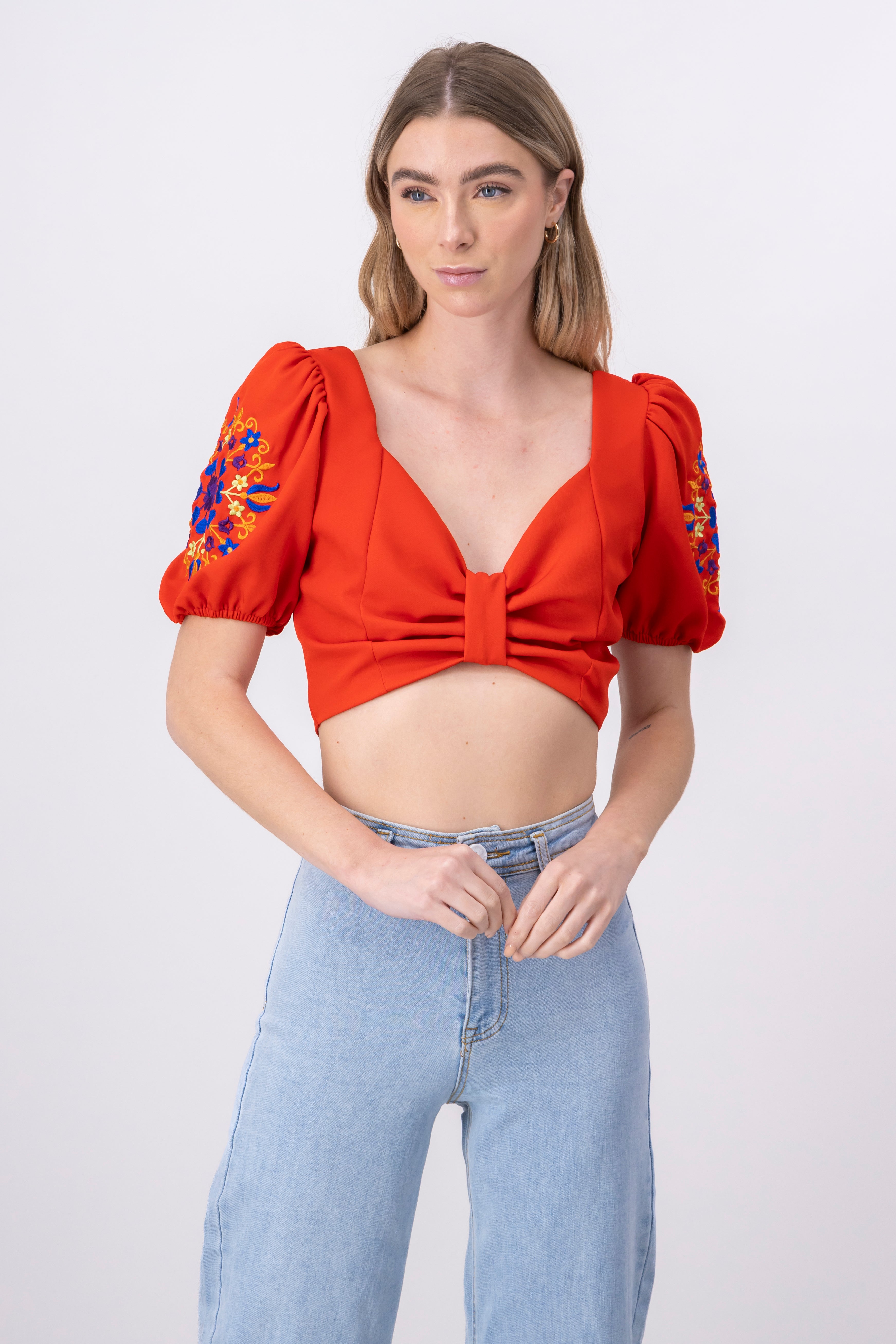 Top Puff Sleeves Detail RED